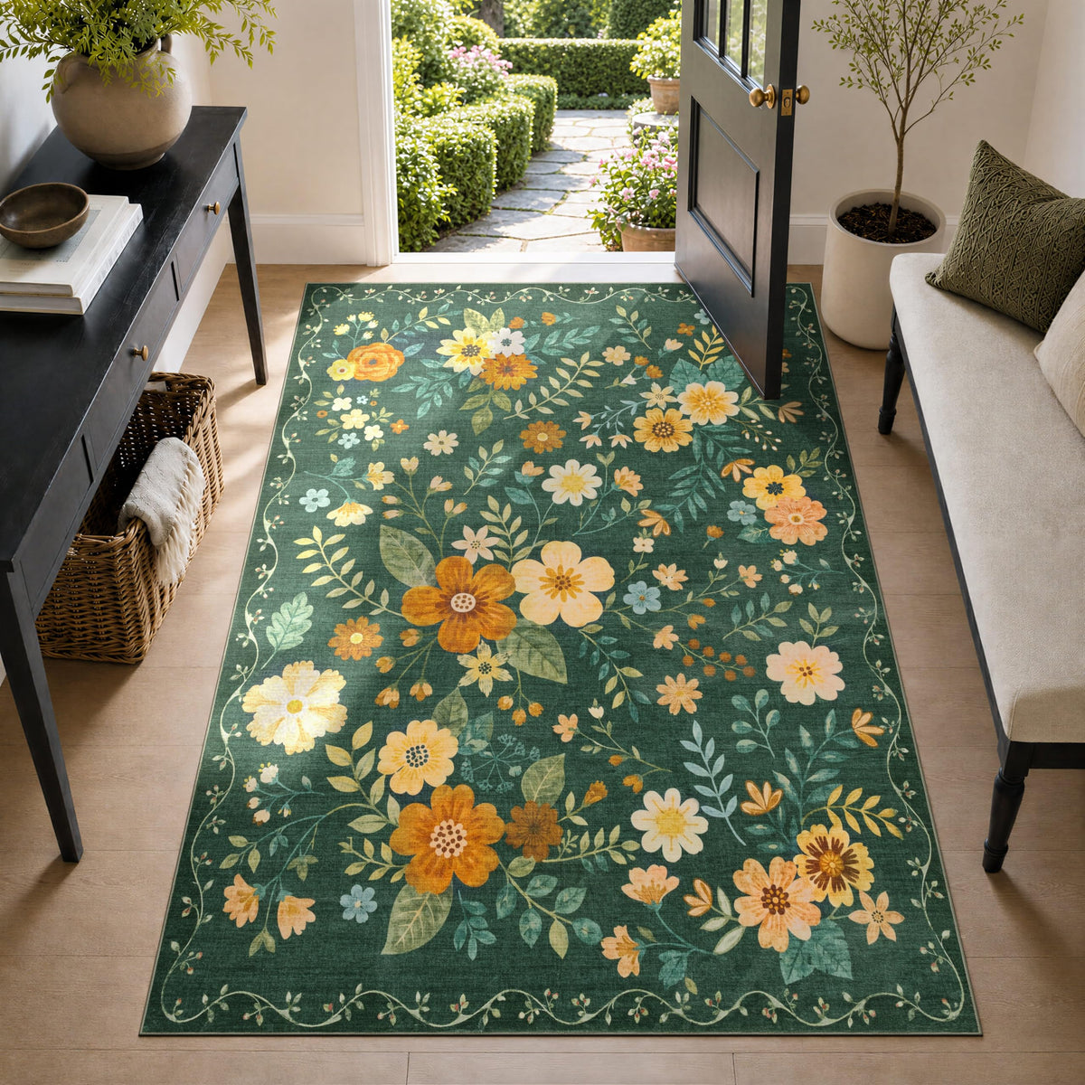 JOLLYVOGUE Floral Area Rug 5x7, Washable Rug for Living Room, Light Blue