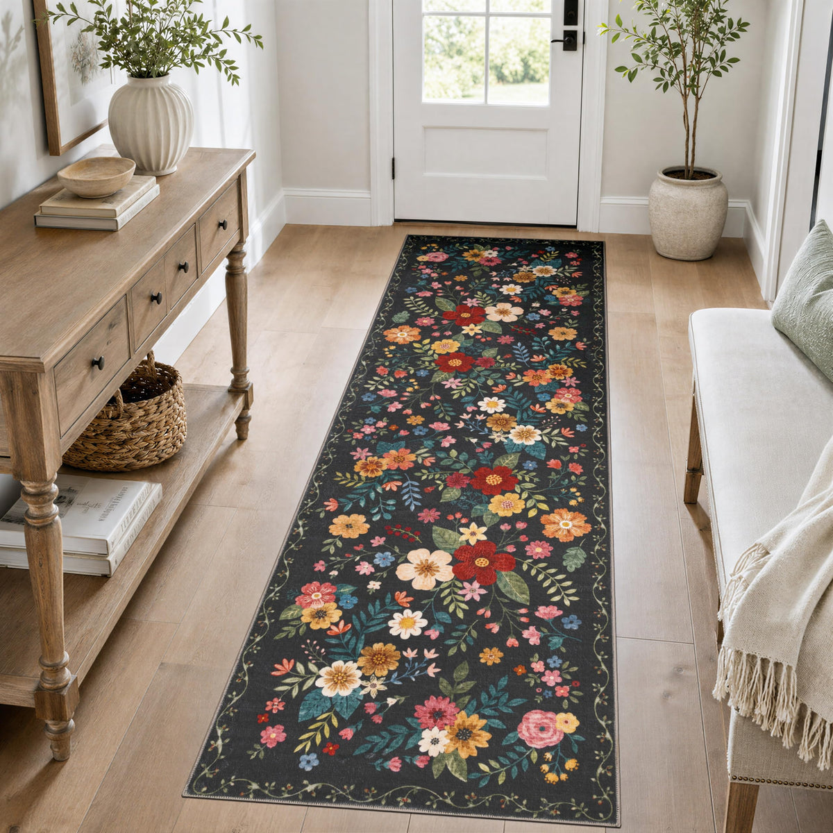 JOLLYVOGUE Floral Area Rug 5x7, Washable Rug for Living Room, Light Blue
