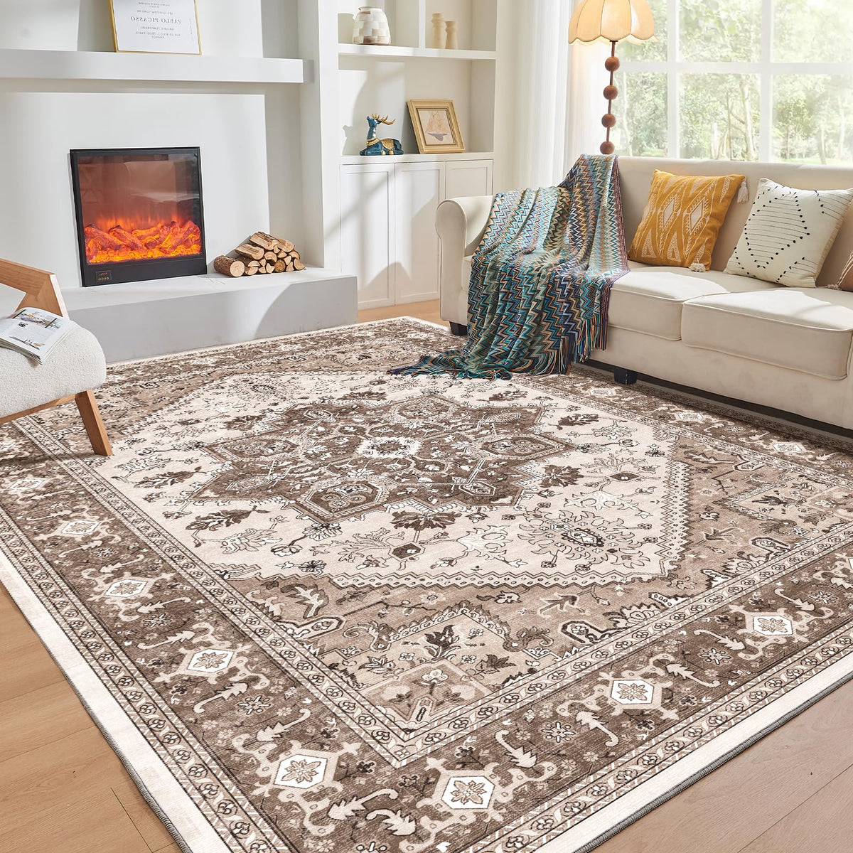 OPPODREAM Soft Area Rugs 5x7, Persian-Inspired Washable Rug, Blue & Gold