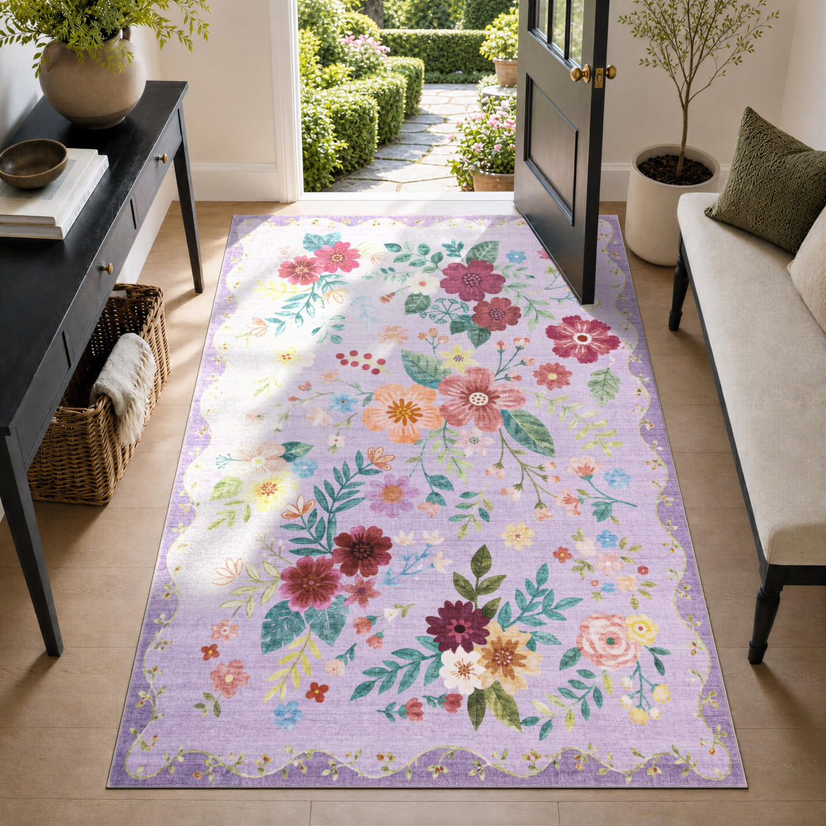 JOLLYVOGUE Floral Area Rug 5x7, Washable Rug for Living Room, Light Blue