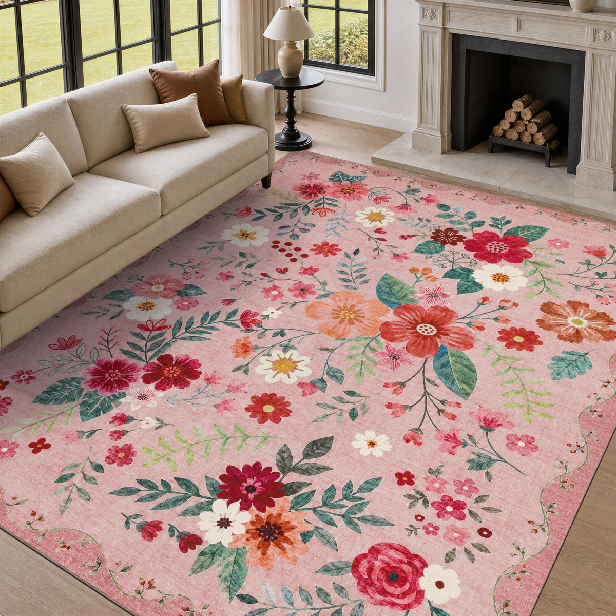 JOLLYVOGUE Floral Area Rug 5x7, Washable Rug for Living Room, Light Blue