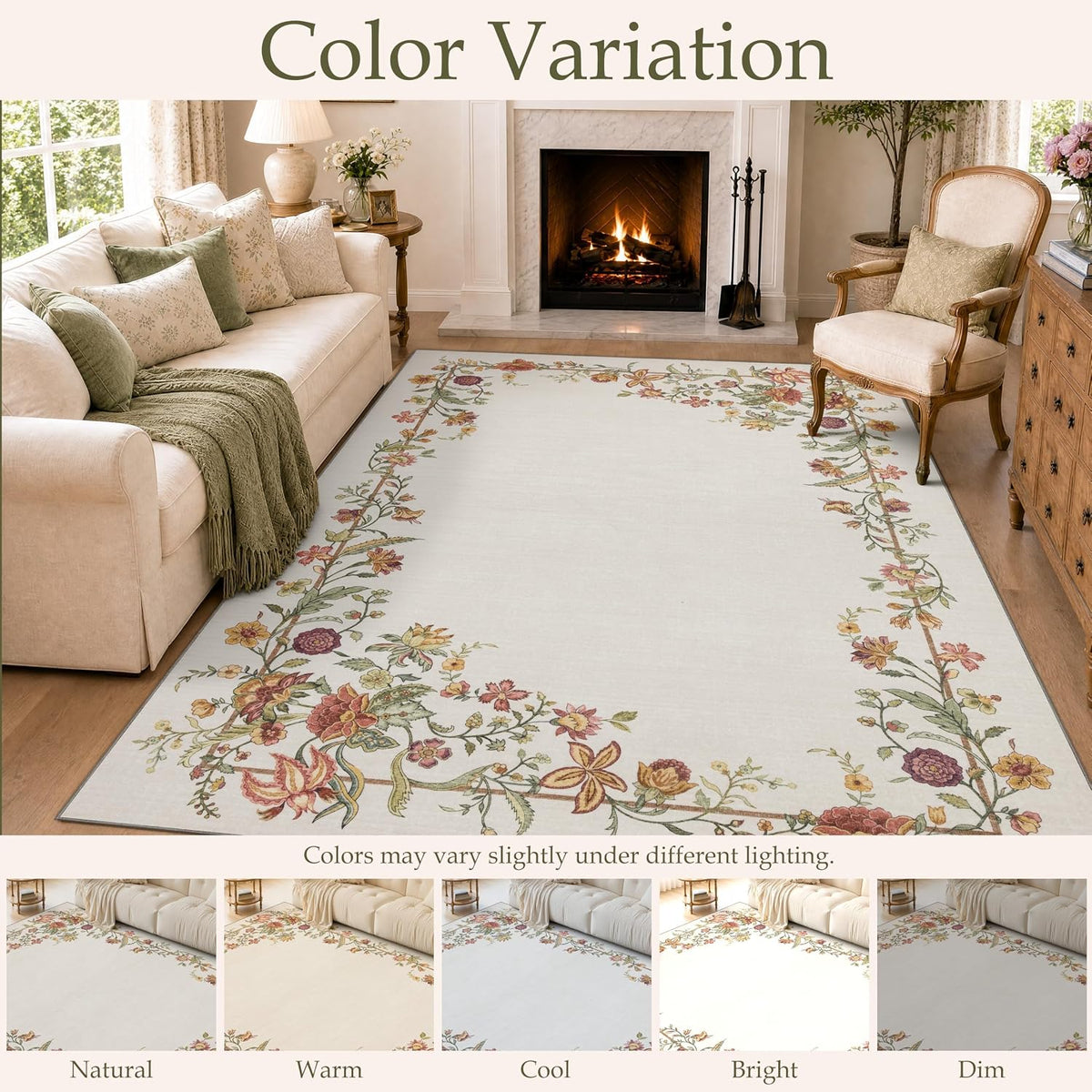 JOLLYVOGUE 4x6 Area Rug, Washable Rug Floral Border, Off-White
