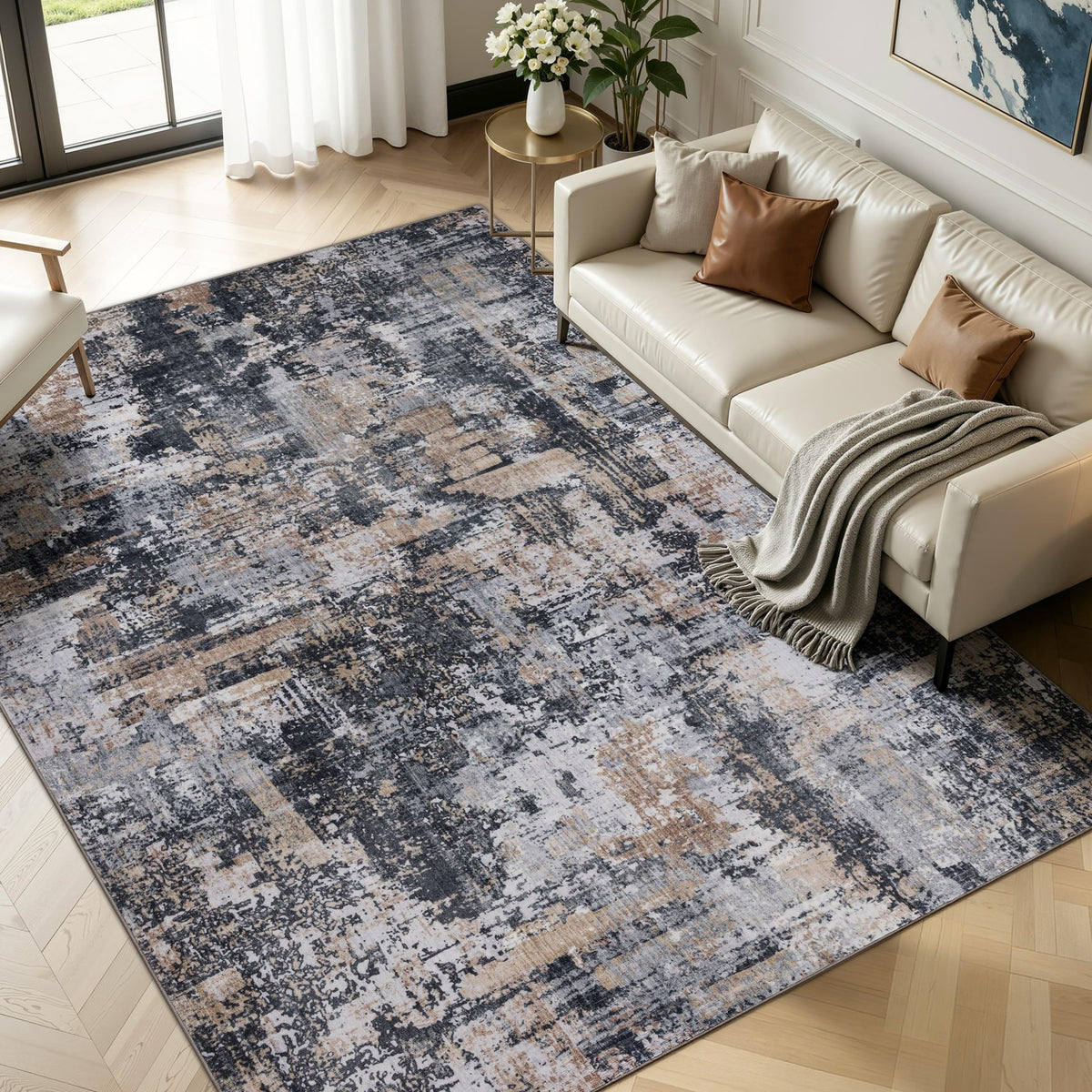 Sasttie 8x10 Washable Area Rug, Modern Abstract Large Carpet, Black & White