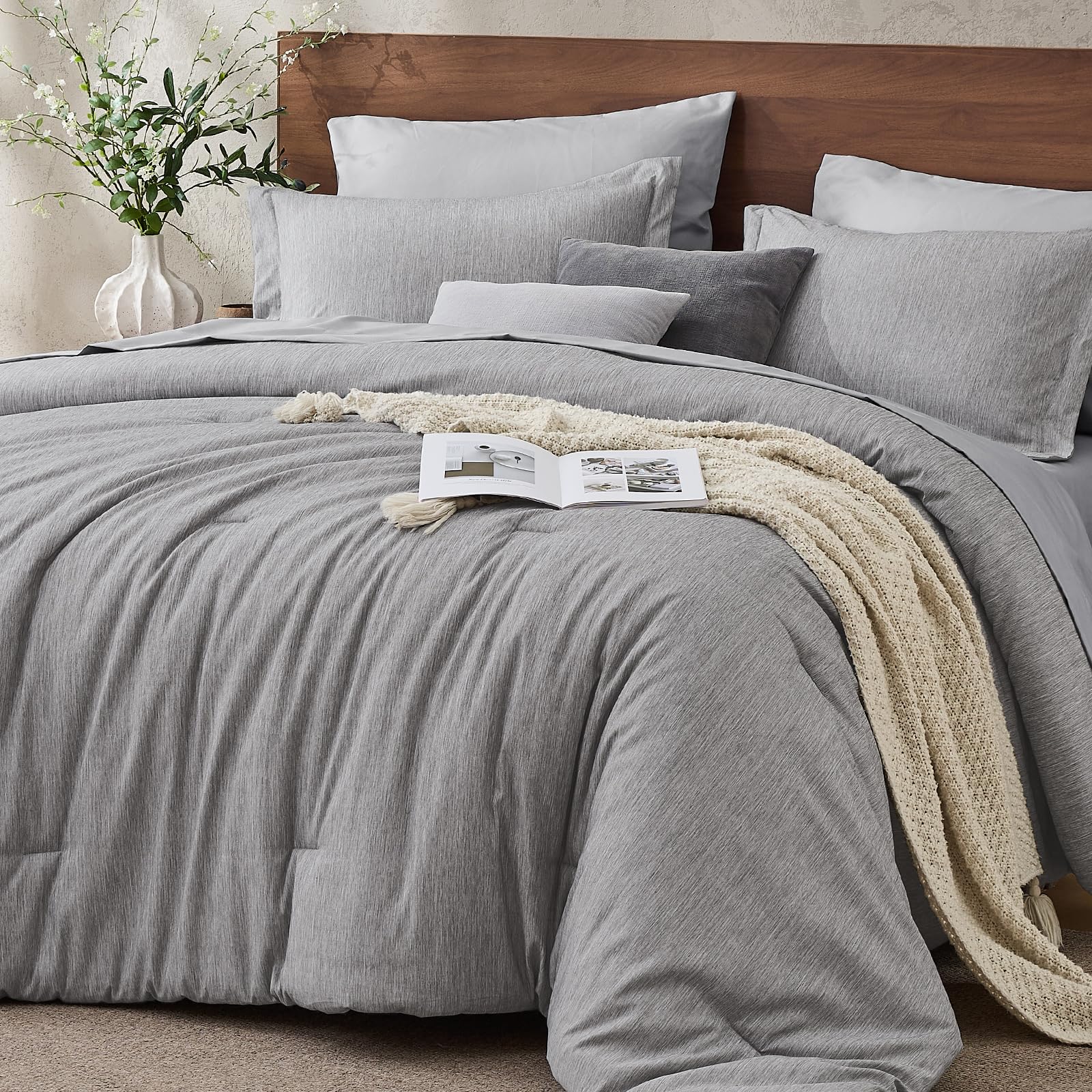 JOLLYVOGUE Queen Comforter Set, Cationic Dyeing Bed in a Bag 7 Pieces, Double-Tone Bedding Set with Down Alternative Comforter, Sheets, Pillowcases & Shams, Dark Grey