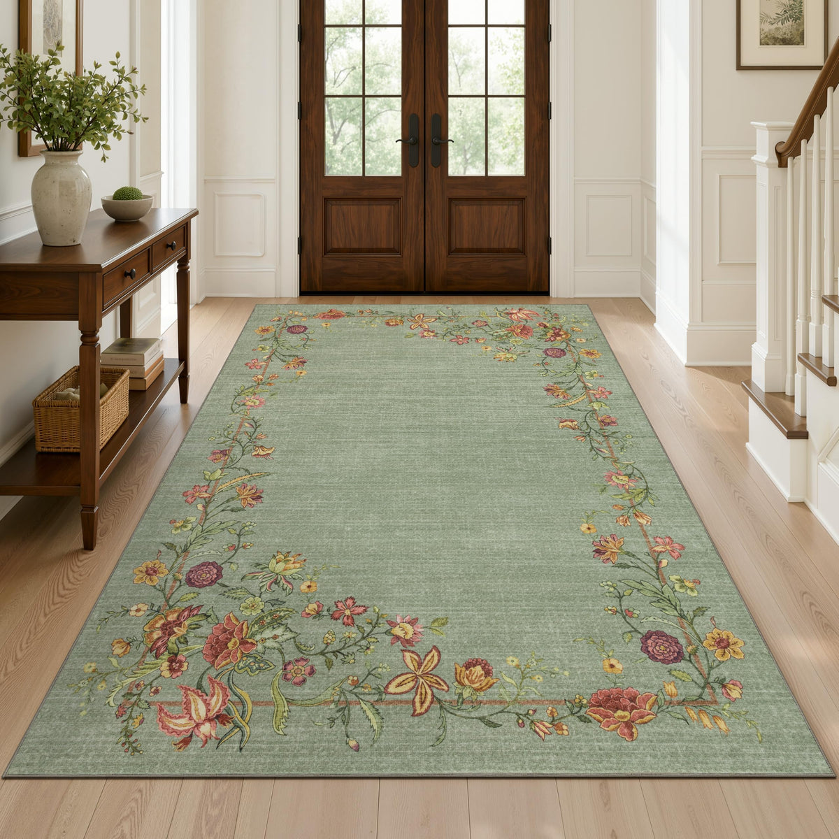 JOLLYVOGUE 4x6 Area Rug, Washable Rug Floral Border, Off-White