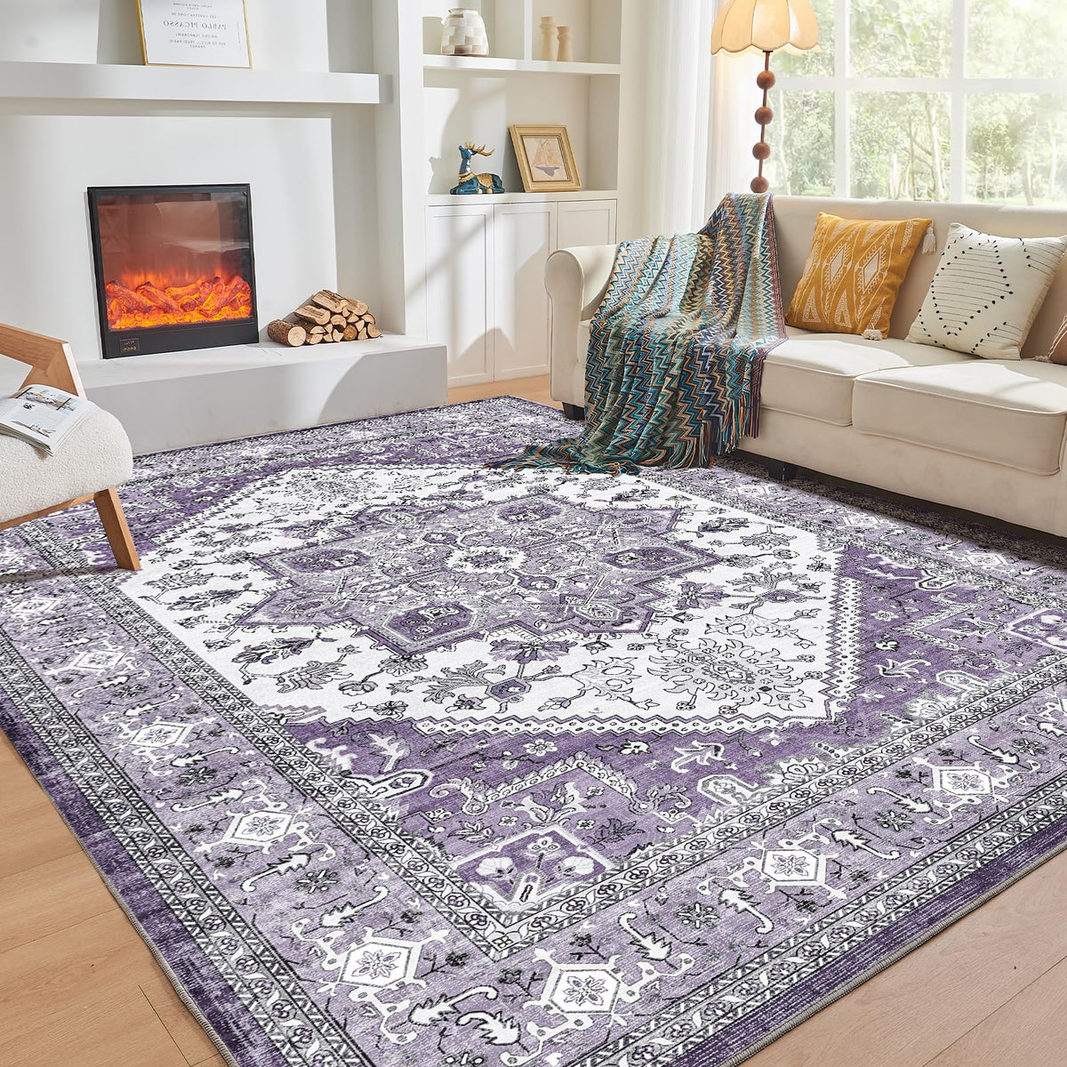 OPPODREAM Soft Area Rugs 5x7, Persian-Inspired Washable Rug, Blue & Gold