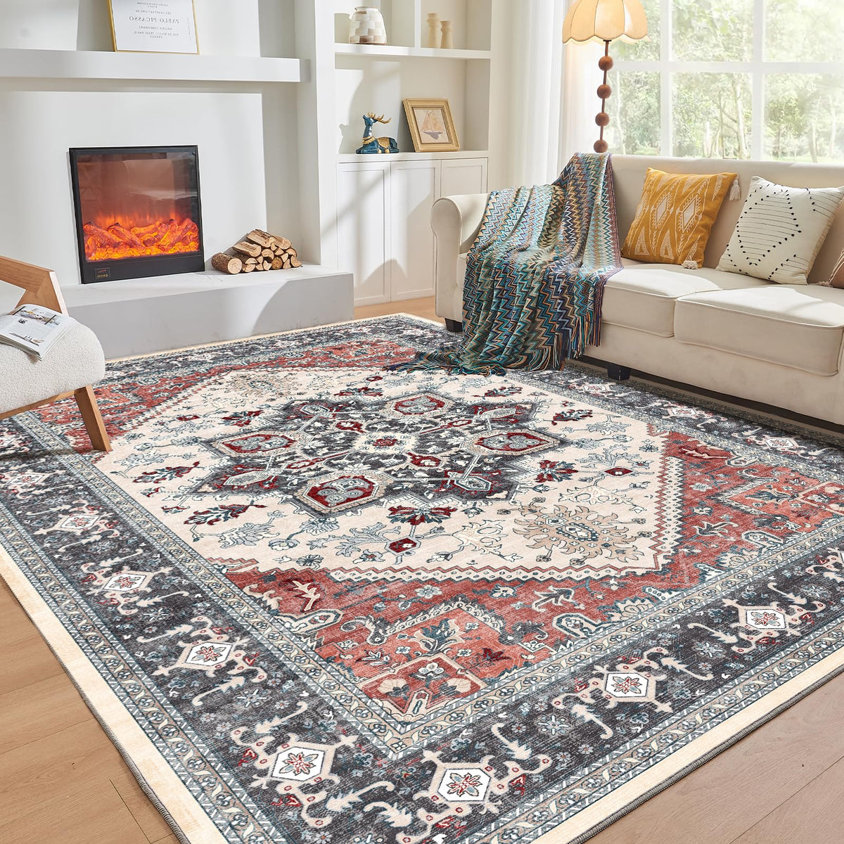 OPPODREAM Soft Area Rugs 5x7, Persian-Inspired Washable Rug, Blue & Gold