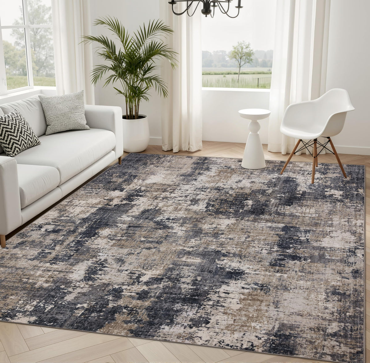 Sasttie 8x10 Washable Area Rug, Modern Abstract Large Carpet, Black & White