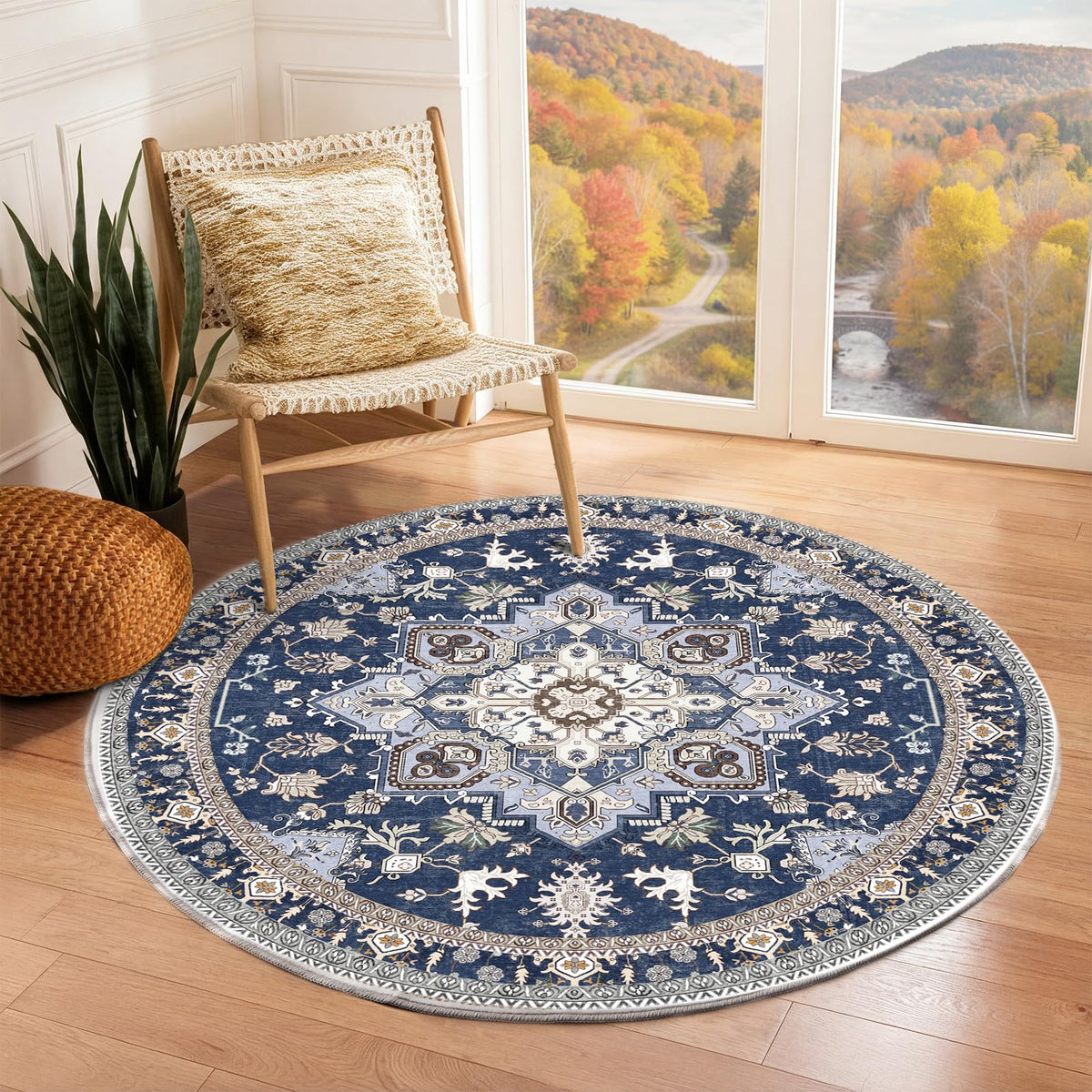 OPPODREAM Soft Area Rugs 5x7, Persian-Inspired Washable Rug, Blue & Gold