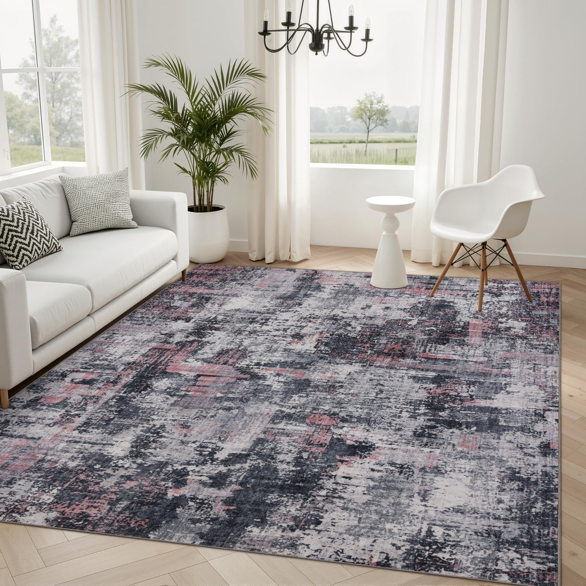 Sasttie 8x10 Washable Area Rug, Modern Abstract Large Carpet, Black & White