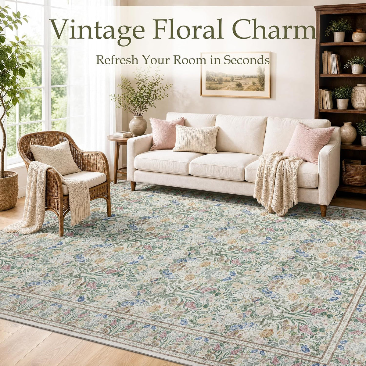 JOLLYVOGUE 6x9 Area Rug, Floral Washable Rug for Living Room, Beige/Blue