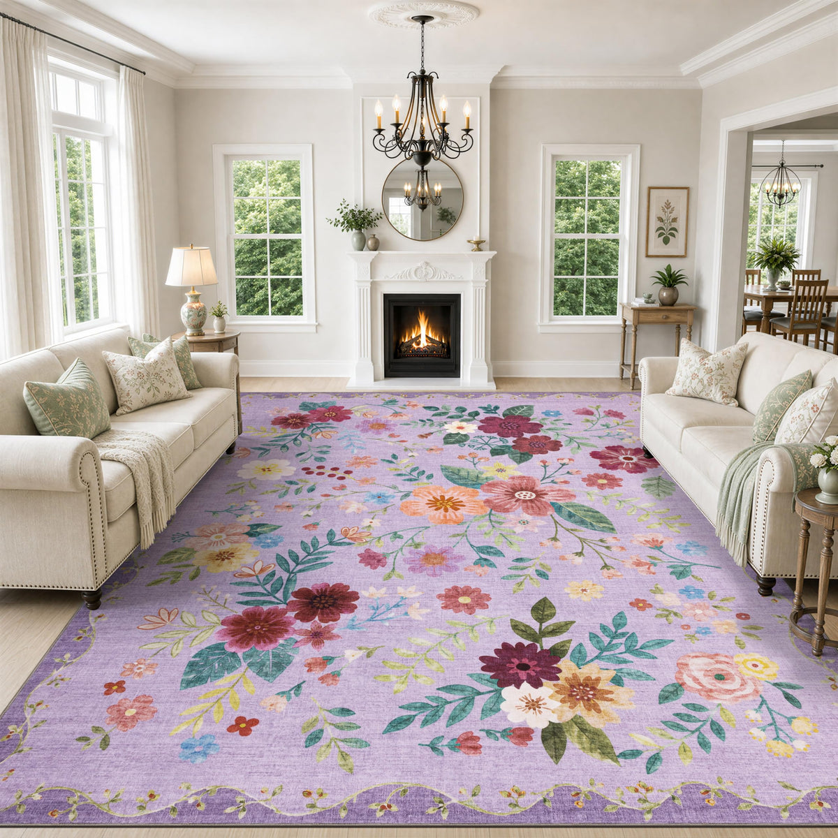 JOLLYVOGUE Floral Area Rug 5x7, Washable Rug for Living Room, Light Blue