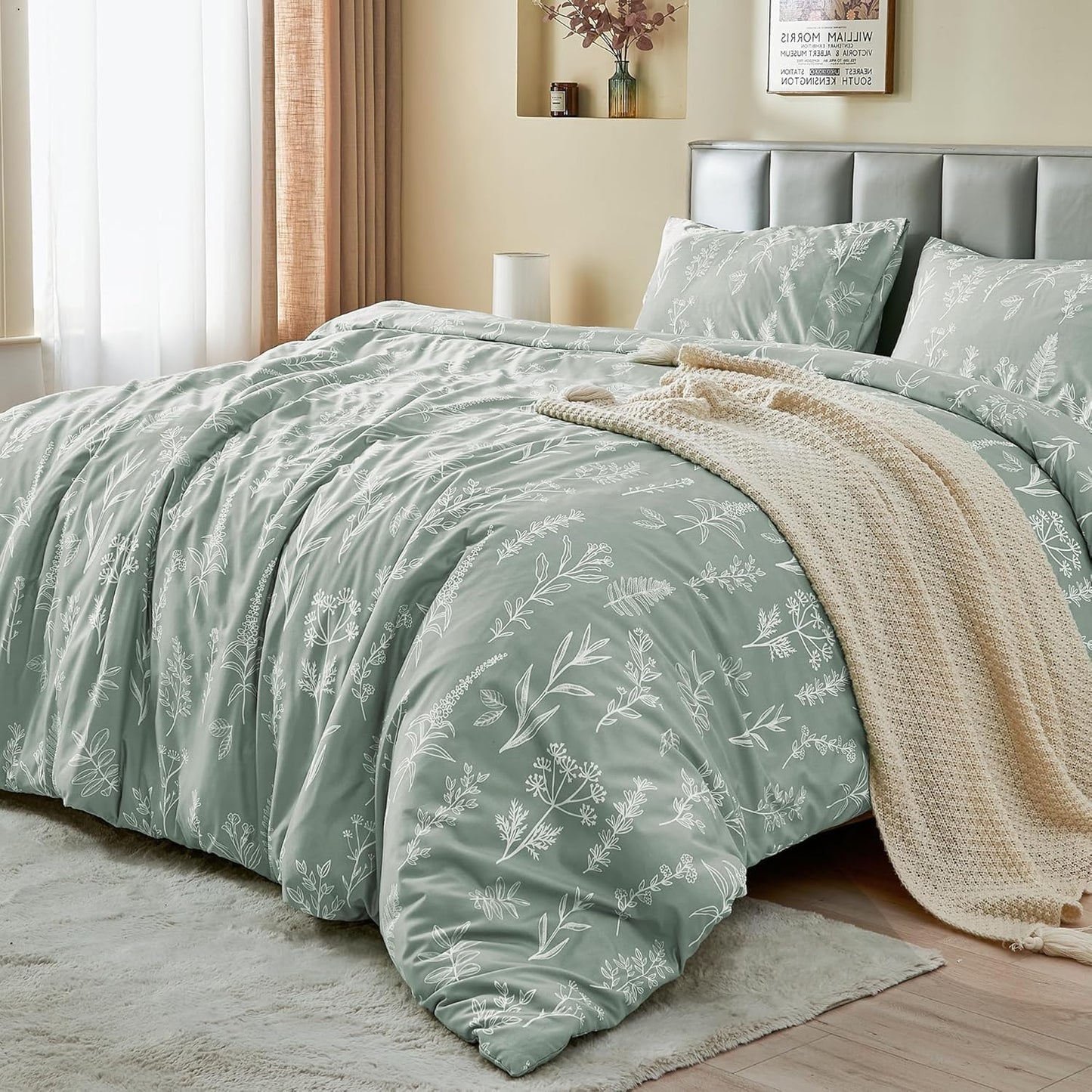 Jollyvogue Duvet Cover Queen Size, Reversible Floral Green Duvet Cover Set with Zipper Closure