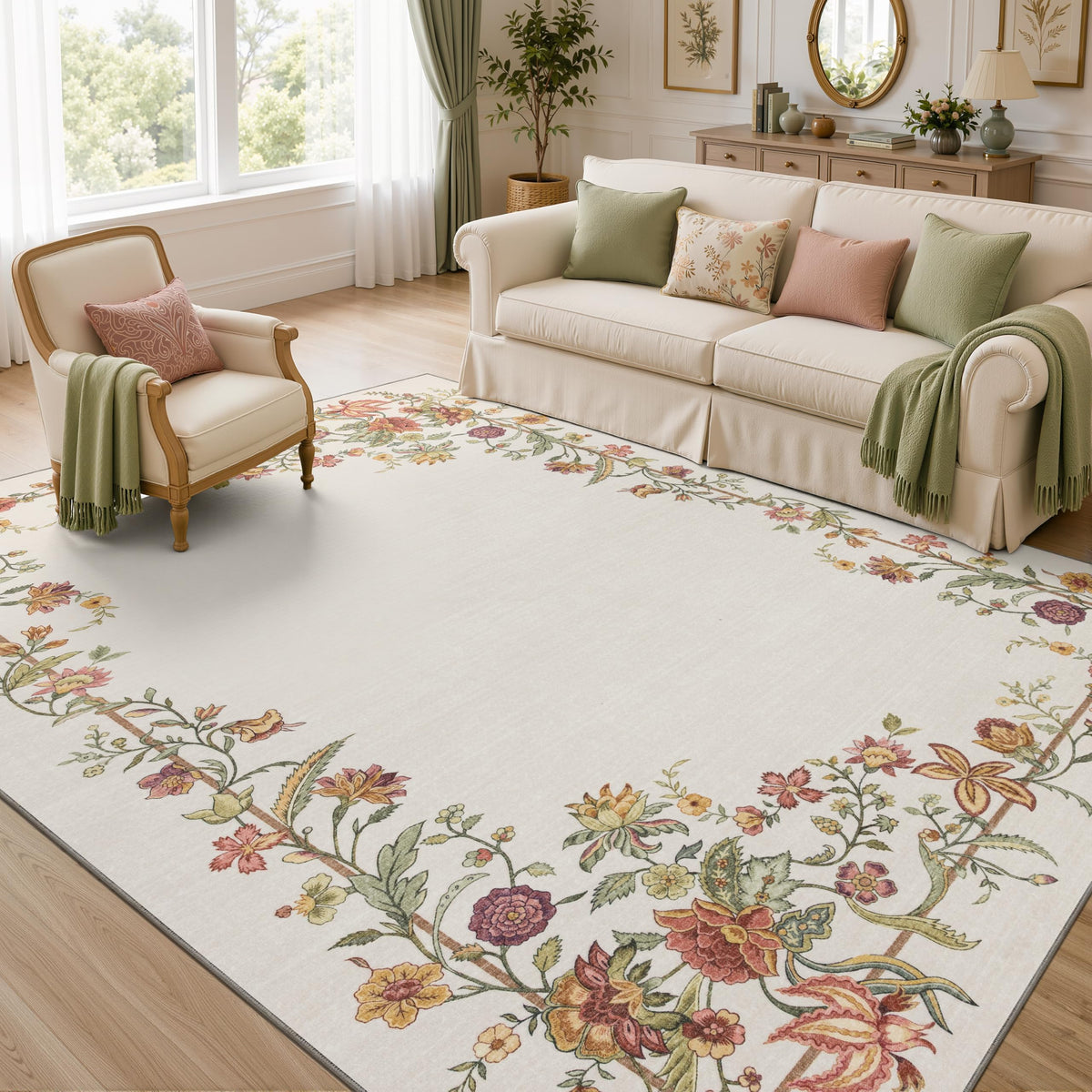 JOLLYVOGUE 4x6 Area Rug, Washable Rug Floral Border, Off-White