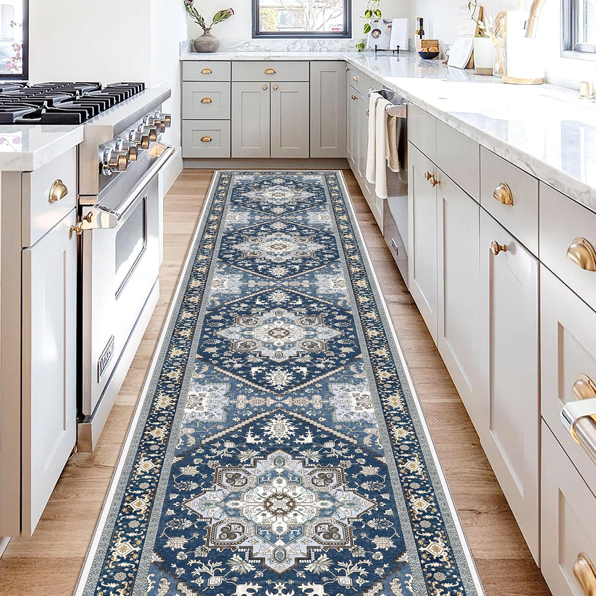OPPODREAM Soft Area Rugs 5x7, Persian-Inspired Washable Rug, Blue & Gold