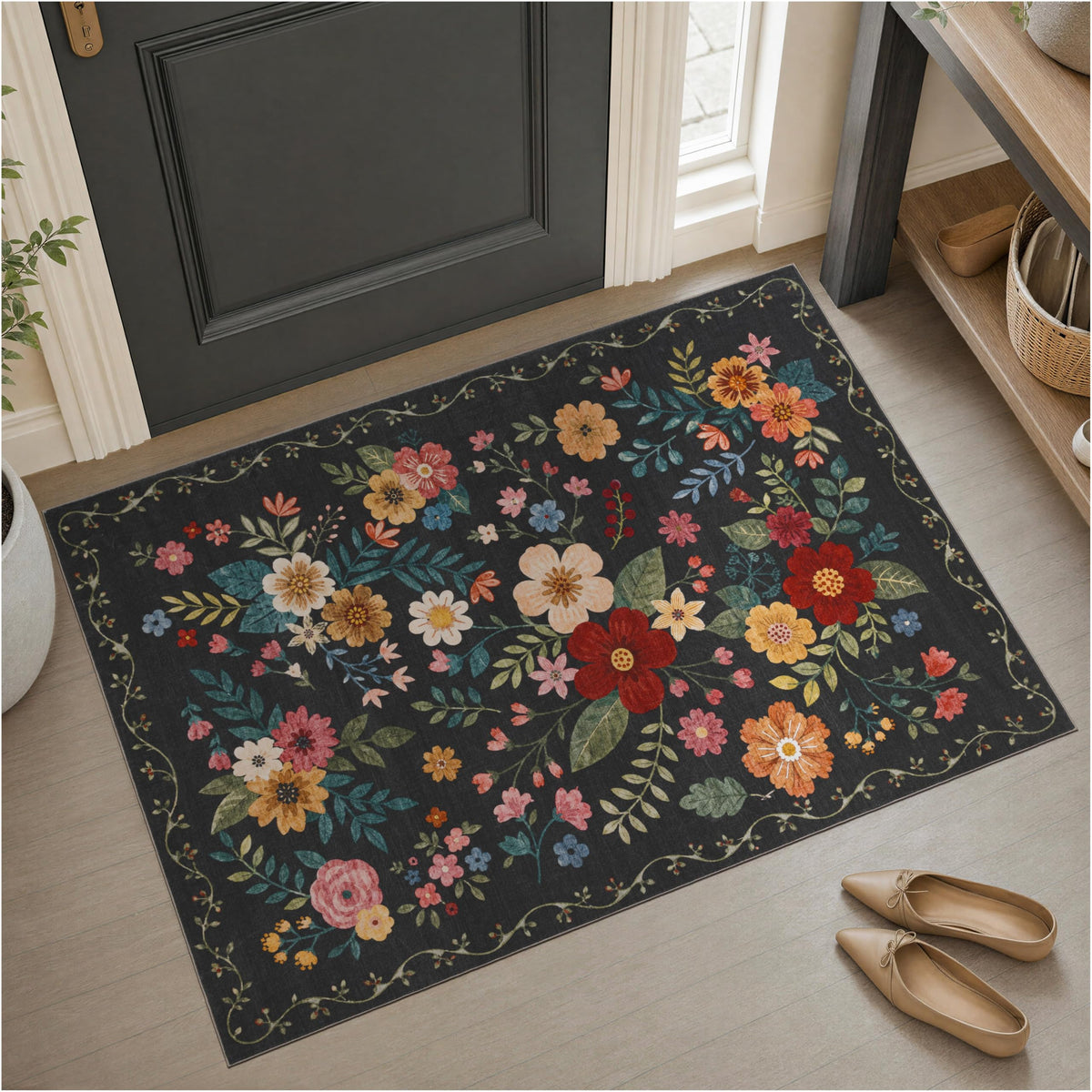 JOLLYVOGUE Floral Area Rug 5x7, Washable Rug for Living Room, Light Blue