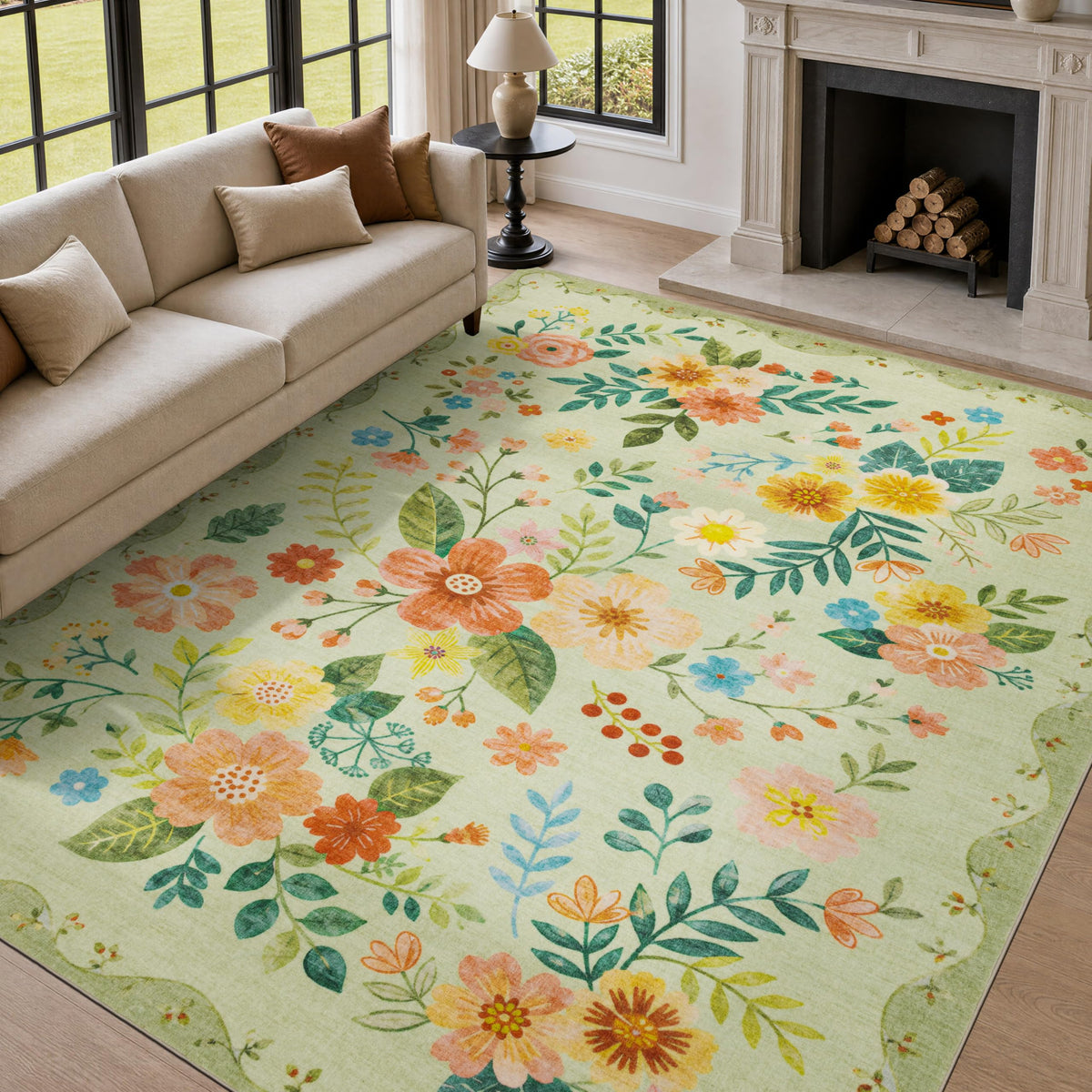 JOLLYVOGUE Floral Area Rug 5x7, Washable Rug for Living Room, Light Blue