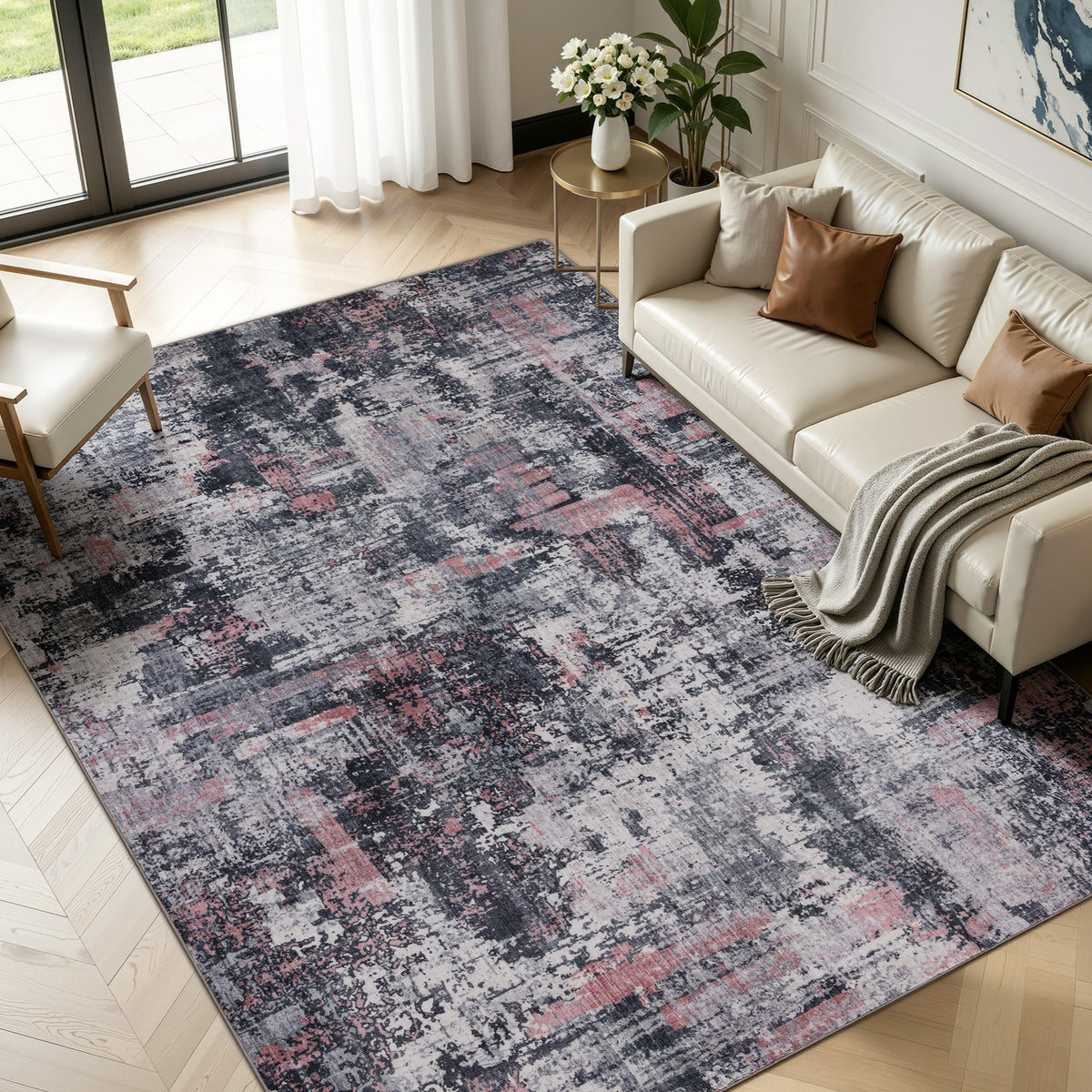 Sasttie 8x10 Washable Area Rug, Modern Abstract Large Carpet, Black & White