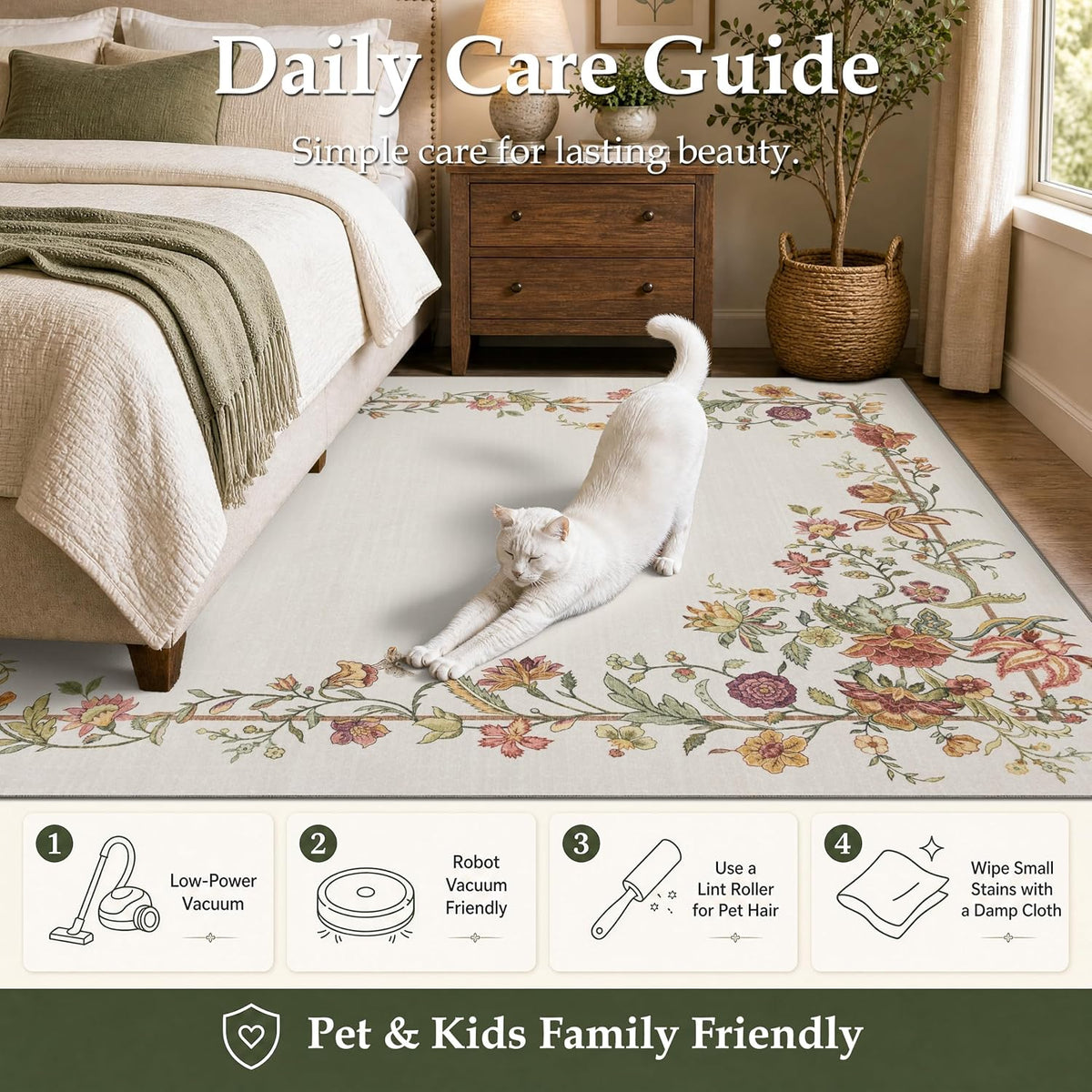 JOLLYVOGUE 4x6 Area Rug, Washable Rug Floral Border, Off-White