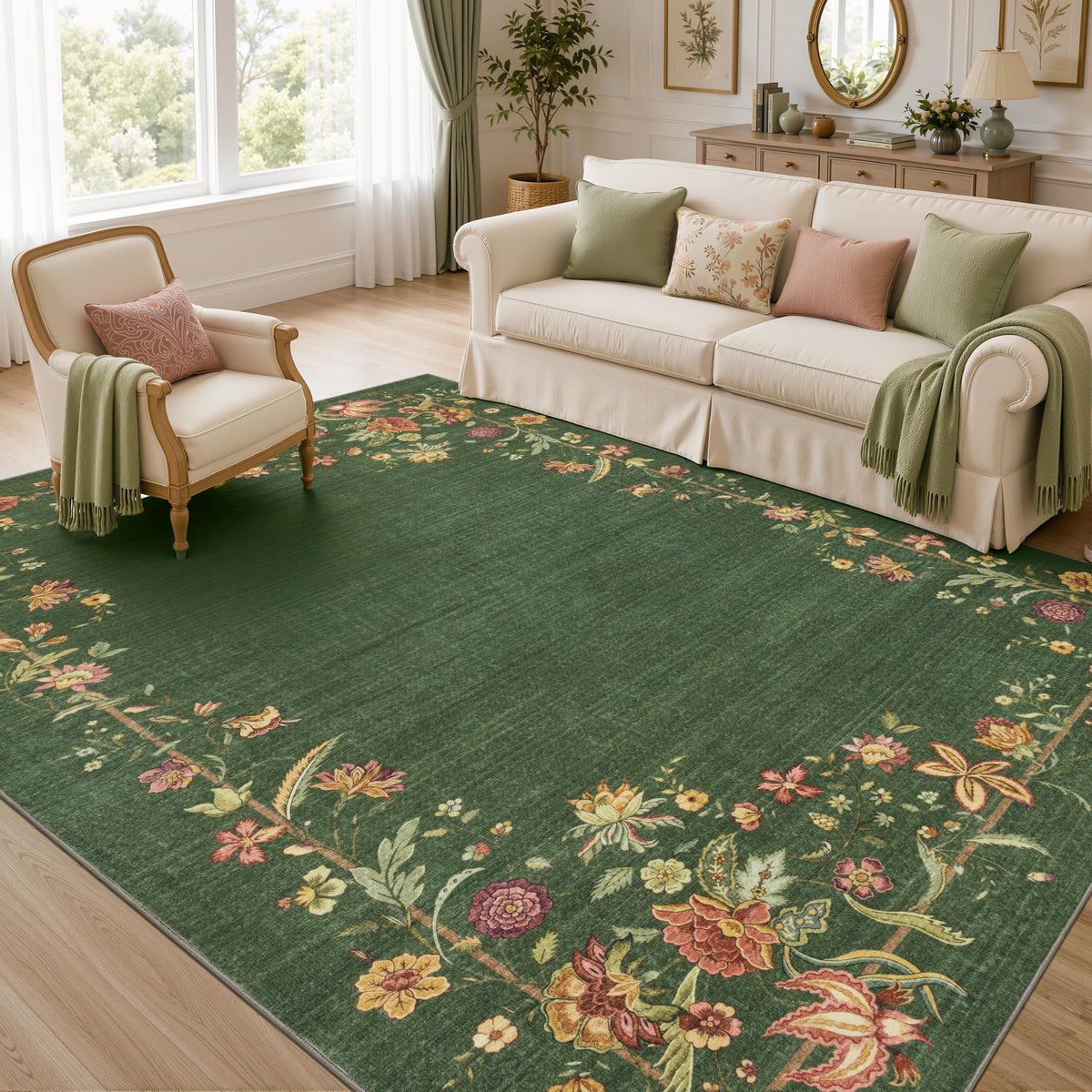 JOLLYVOGUE 4x6 Area Rug, Washable Rug Floral Border, Off-White