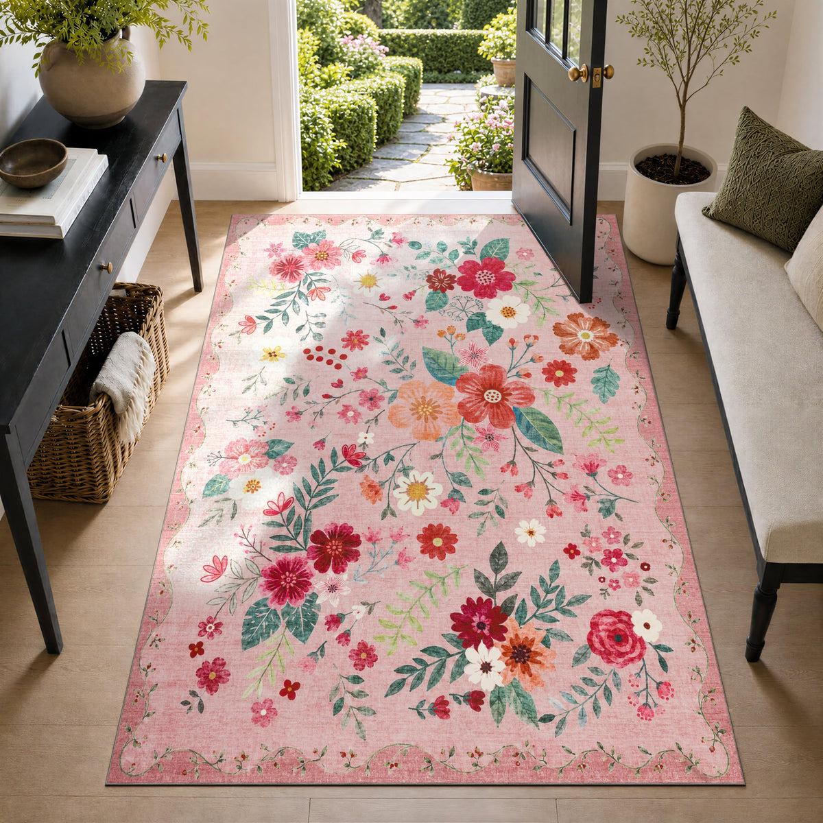 JOLLYVOGUE Floral Area Rug 5x7, Washable Rug for Living Room, Light Blue