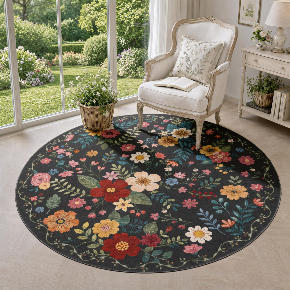 JOLLYVOGUE Floral Area Rug 5x7, Washable Rug for Living Room, Light Blue
