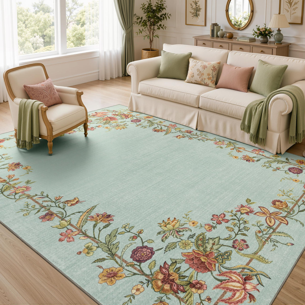 JOLLYVOGUE 4x6 Area Rug, Washable Rug Floral Border, Off-White