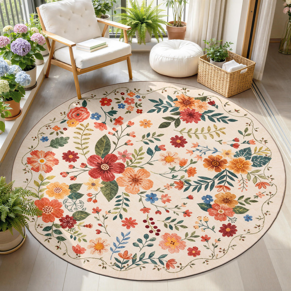 JOLLYVOGUE Floral Area Rug 5x7, Washable Rug for Living Room, Light Blue