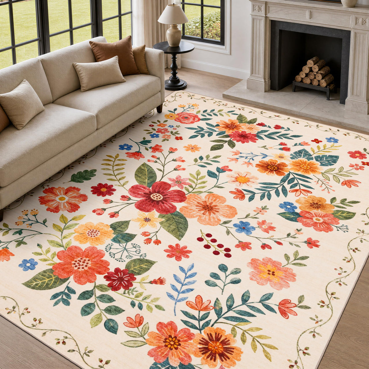 JOLLYVOGUE Floral Area Rug 5x7, Washable Rug for Living Room, Light Blue