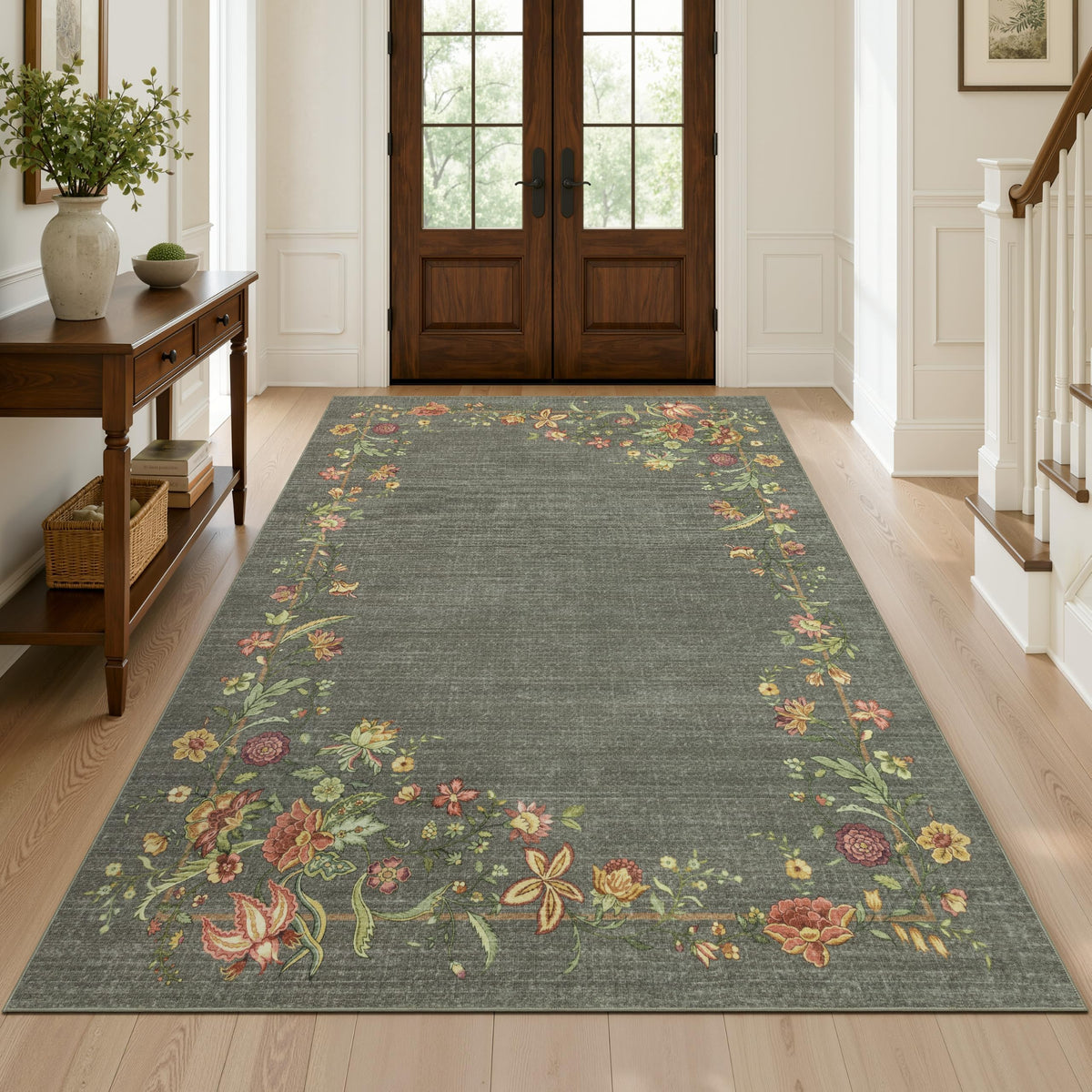 JOLLYVOGUE 4x6 Area Rug, Washable Rug Floral Border, Off-White