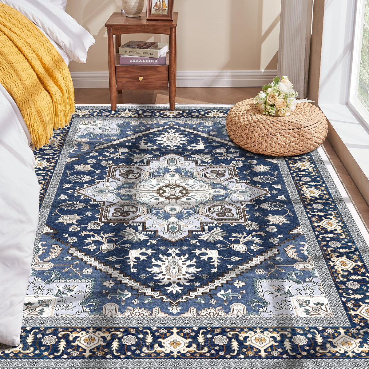 OPPODREAM Soft Area Rugs 5x7, Persian-Inspired Washable Rug, Blue & Gold