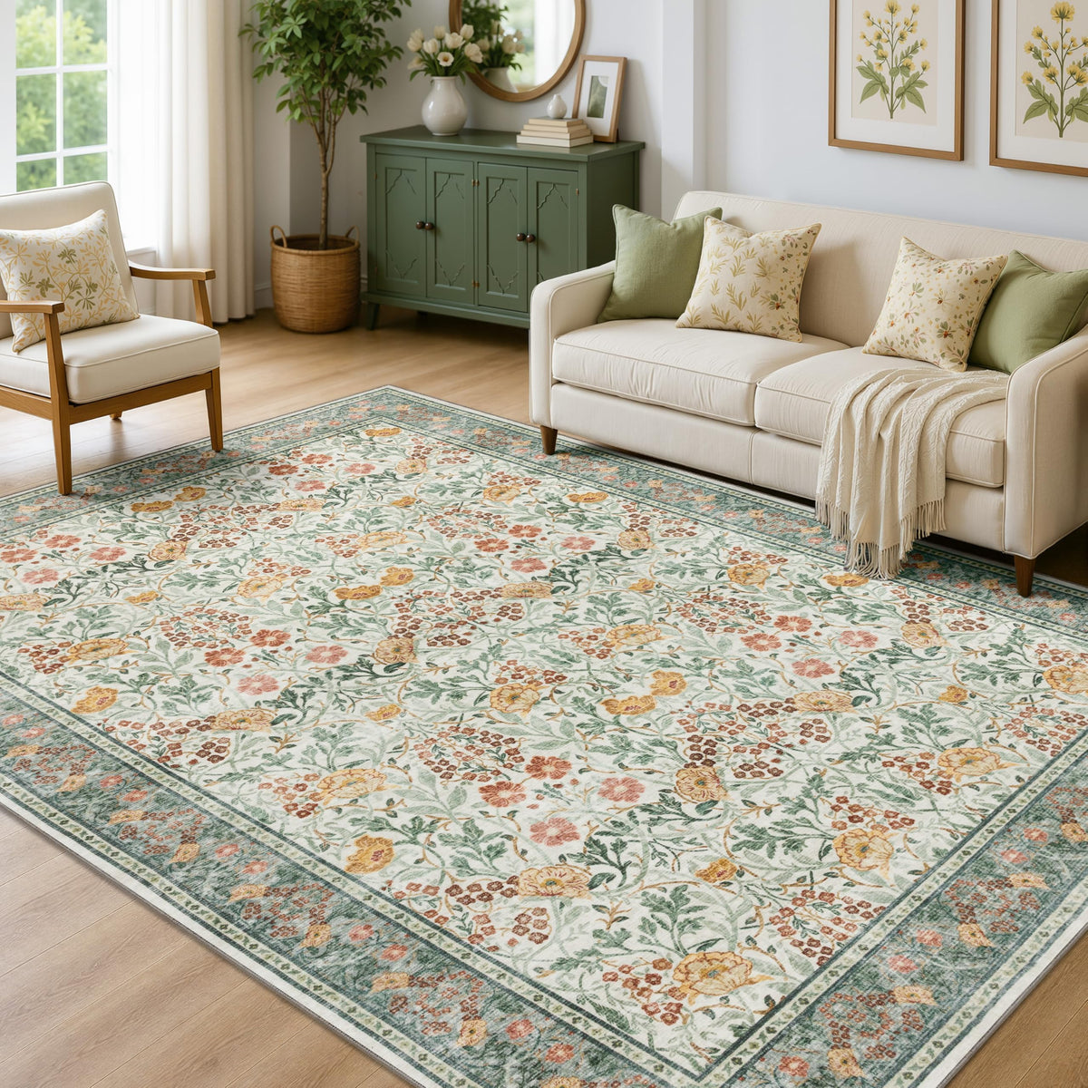 JOLLYVOGUE 6x9 Area Rug, Floral Washable Rug for Living Room, Beige/Blue
