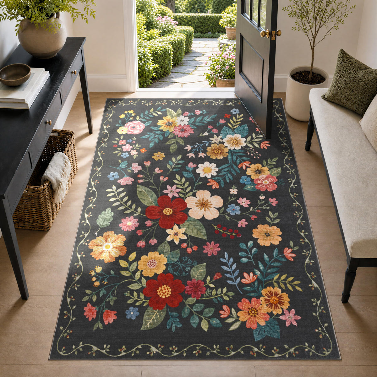 JOLLYVOGUE Floral Area Rug 5x7, Washable Rug for Living Room, Light Blue