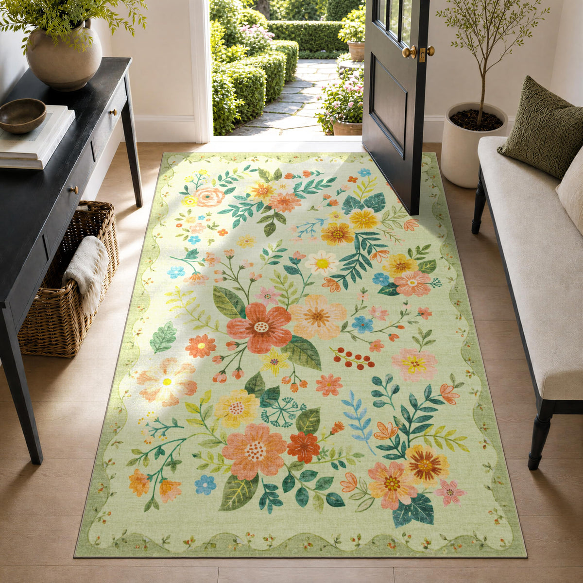 JOLLYVOGUE Floral Area Rug 5x7, Washable Rug for Living Room, Light Blue