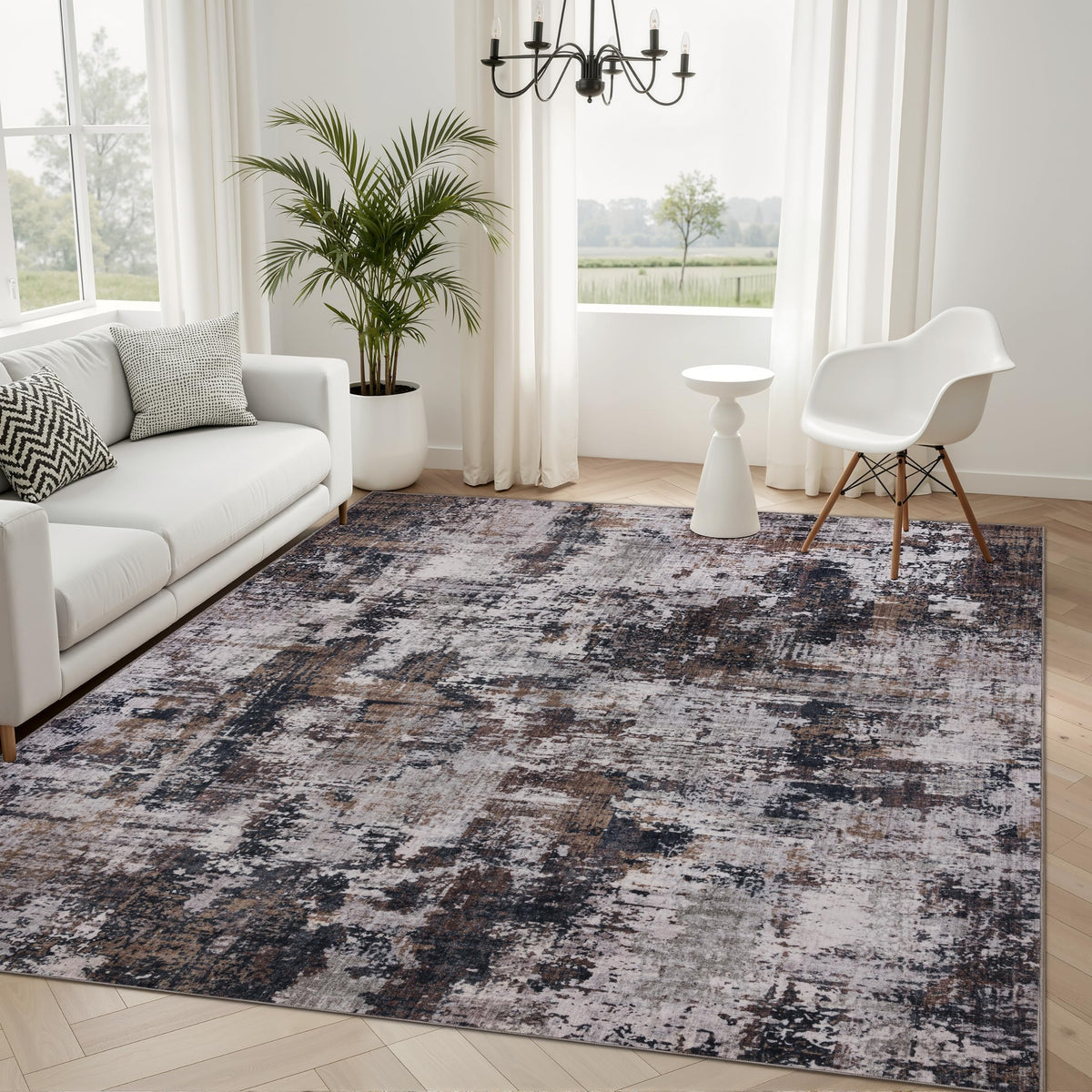 Sasttie 8x10 Washable Area Rug, Modern Abstract Large Carpet, Black & White