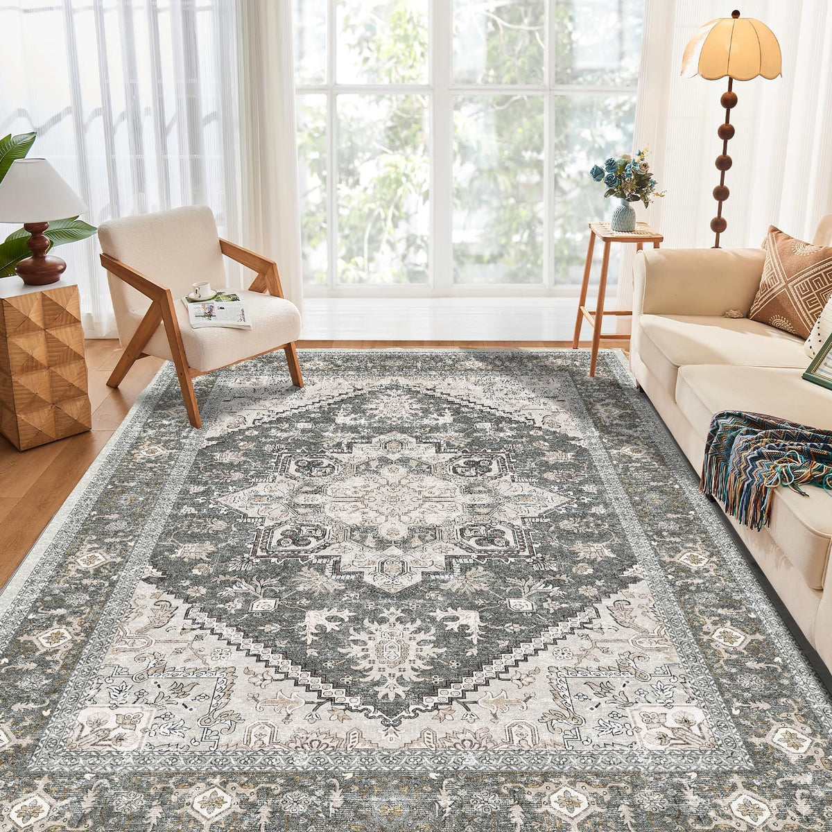 OPPODREAM Soft Area Rugs 5x7, Persian-Inspired Washable Rug, Blue & Gold