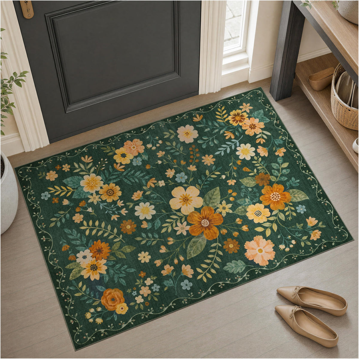 JOLLYVOGUE Floral Area Rug 5x7, Washable Rug for Living Room, Light Blue