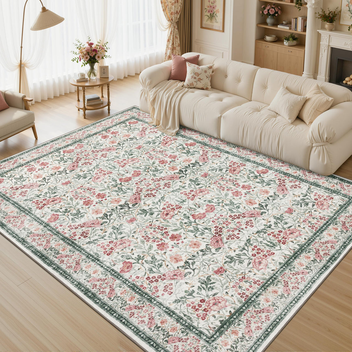 JOLLYVOGUE 6x9 Area Rug, Floral Washable Rug for Living Room, Beige/Blue