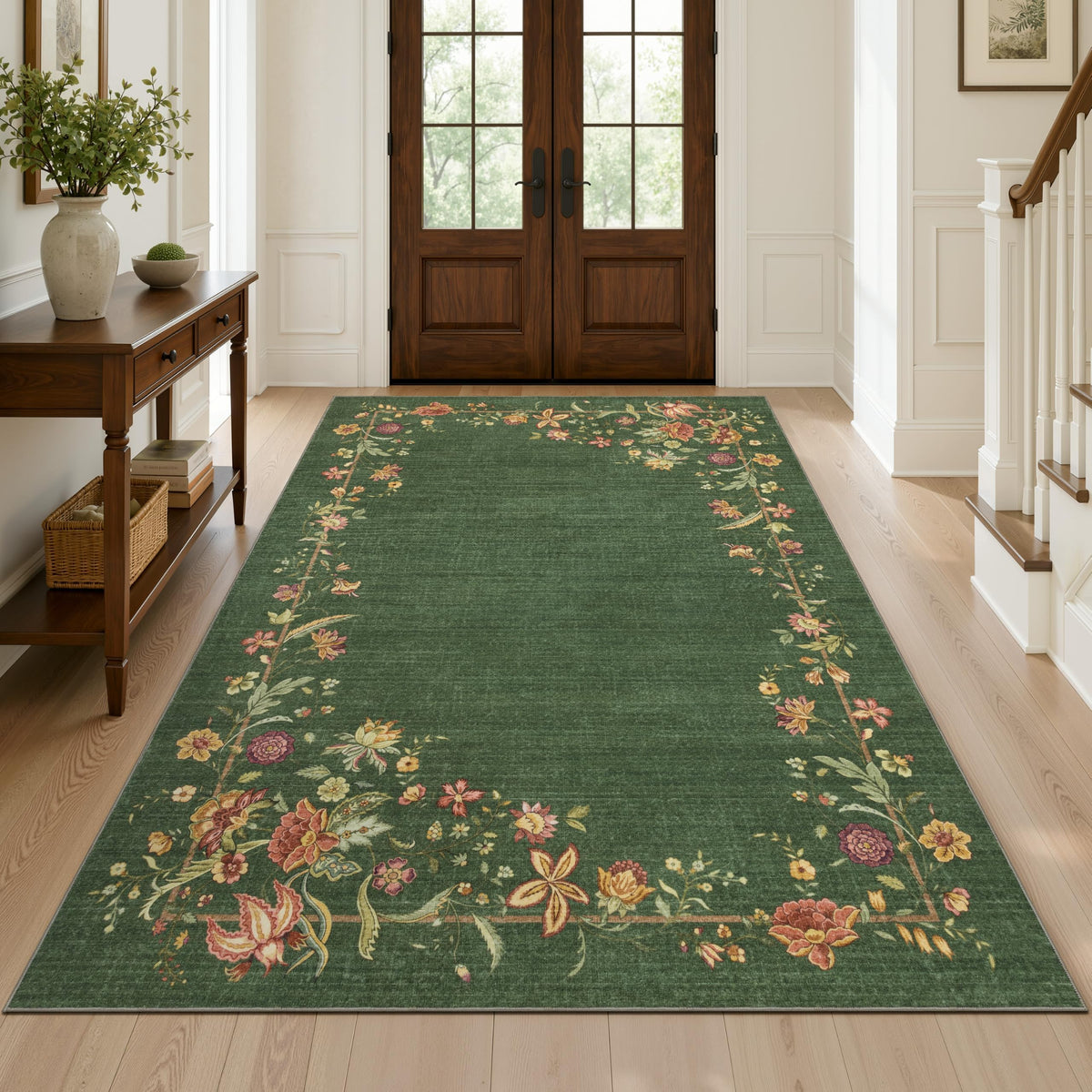 JOLLYVOGUE 4x6 Area Rug, Washable Rug Floral Border, Off-White