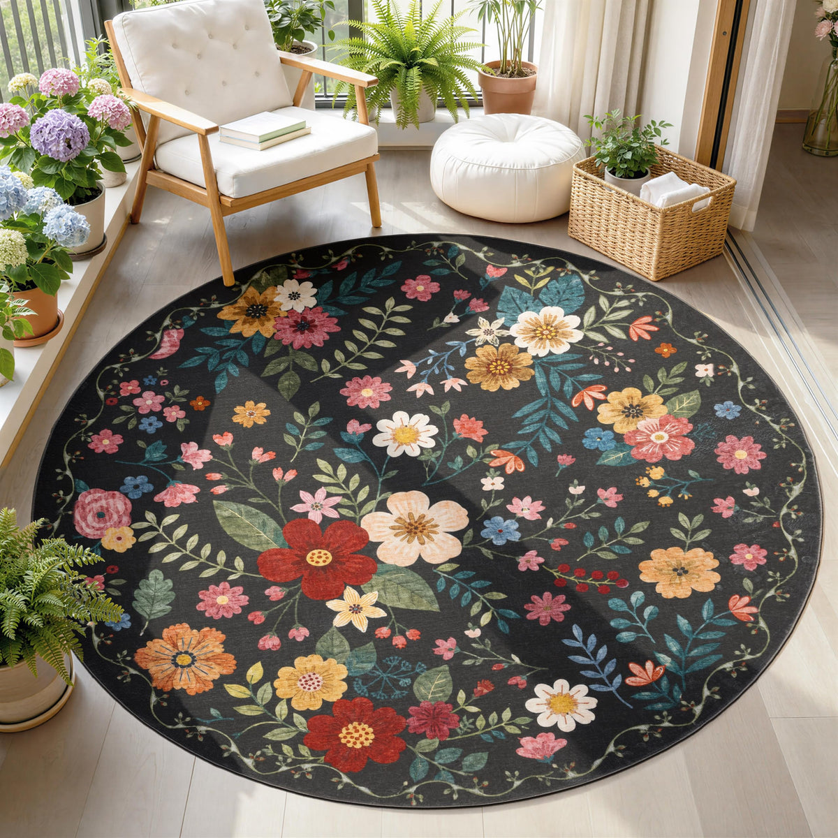 JOLLYVOGUE Floral Area Rug 5x7, Washable Rug for Living Room, Light Blue