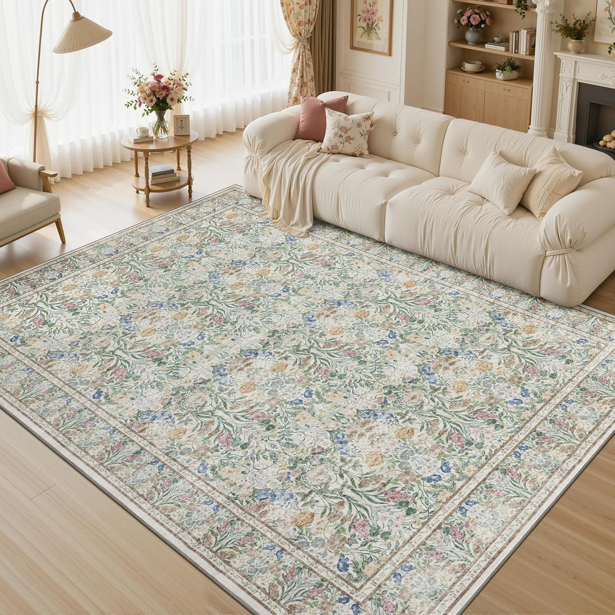 JOLLYVOGUE 6x9 Area Rug, Floral Washable Rug for Living Room, Beige/Blue