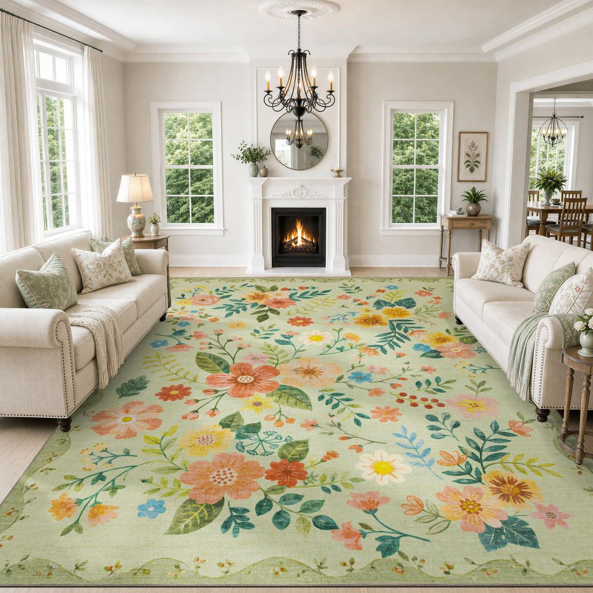 JOLLYVOGUE Floral Area Rug 5x7, Washable Rug for Living Room, Light Blue