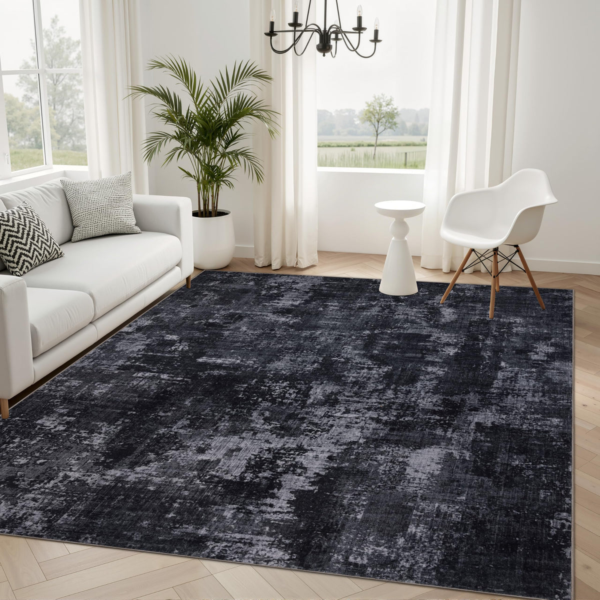 Sasttie 8x10 Washable Area Rug, Modern Abstract Large Carpet, Black & White