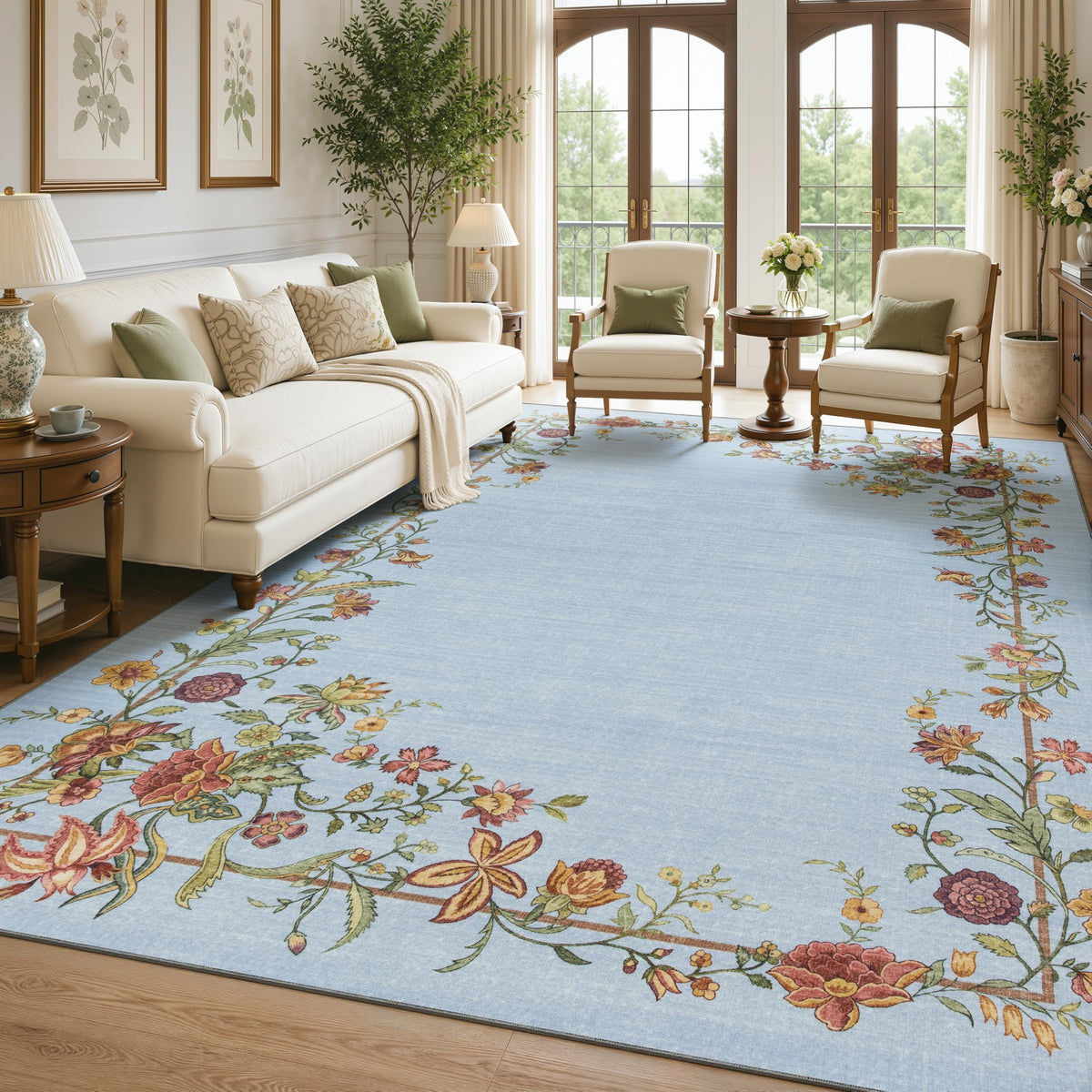 JOLLYVOGUE 4x6 Area Rug, Washable Rug Floral Border, Off-White