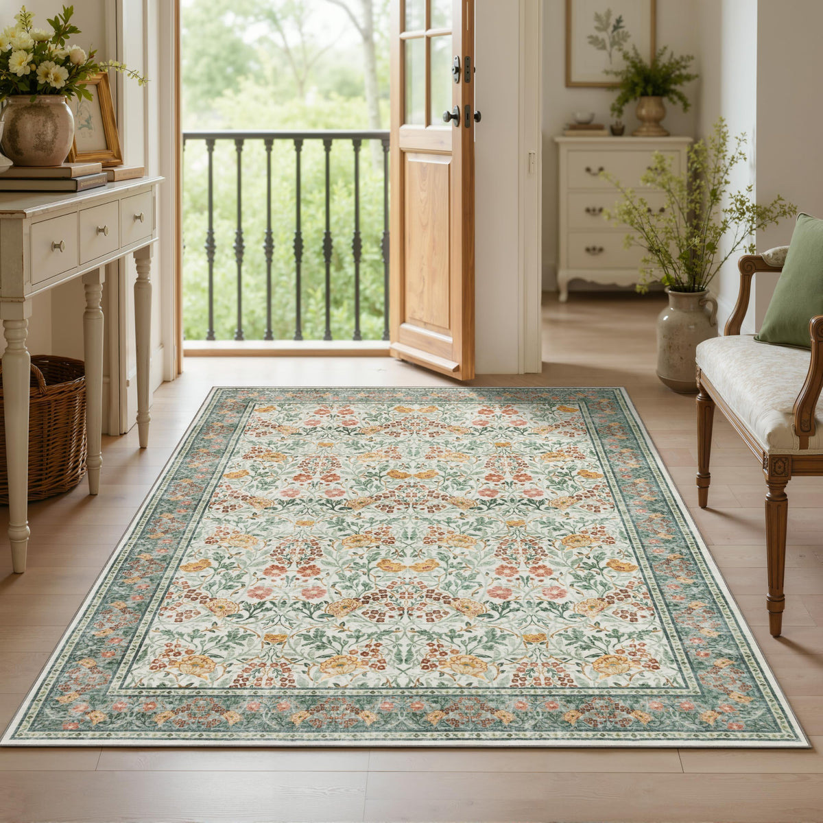 JOLLYVOGUE 6x9 Area Rug, Floral Washable Rug for Living Room, Beige/Blue
