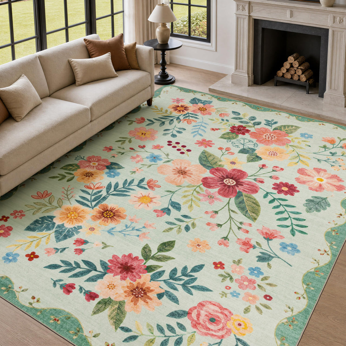 JOLLYVOGUE Floral Area Rug 5x7, Washable Rug for Living Room, Light Blue