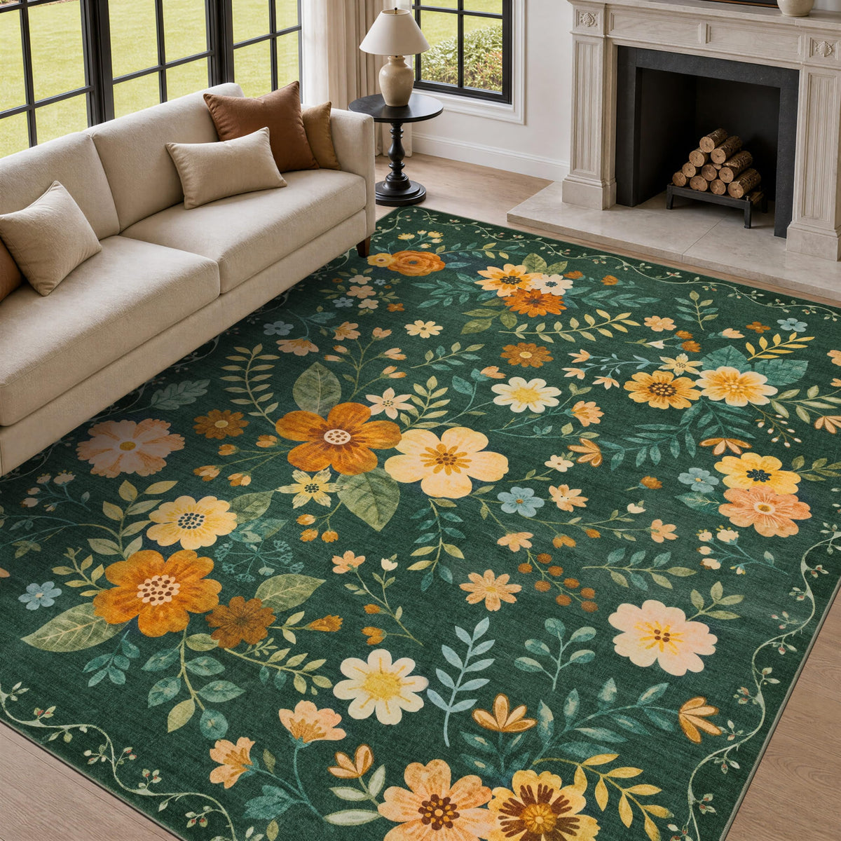 JOLLYVOGUE Floral Area Rug 5x7, Washable Rug for Living Room, Light Blue