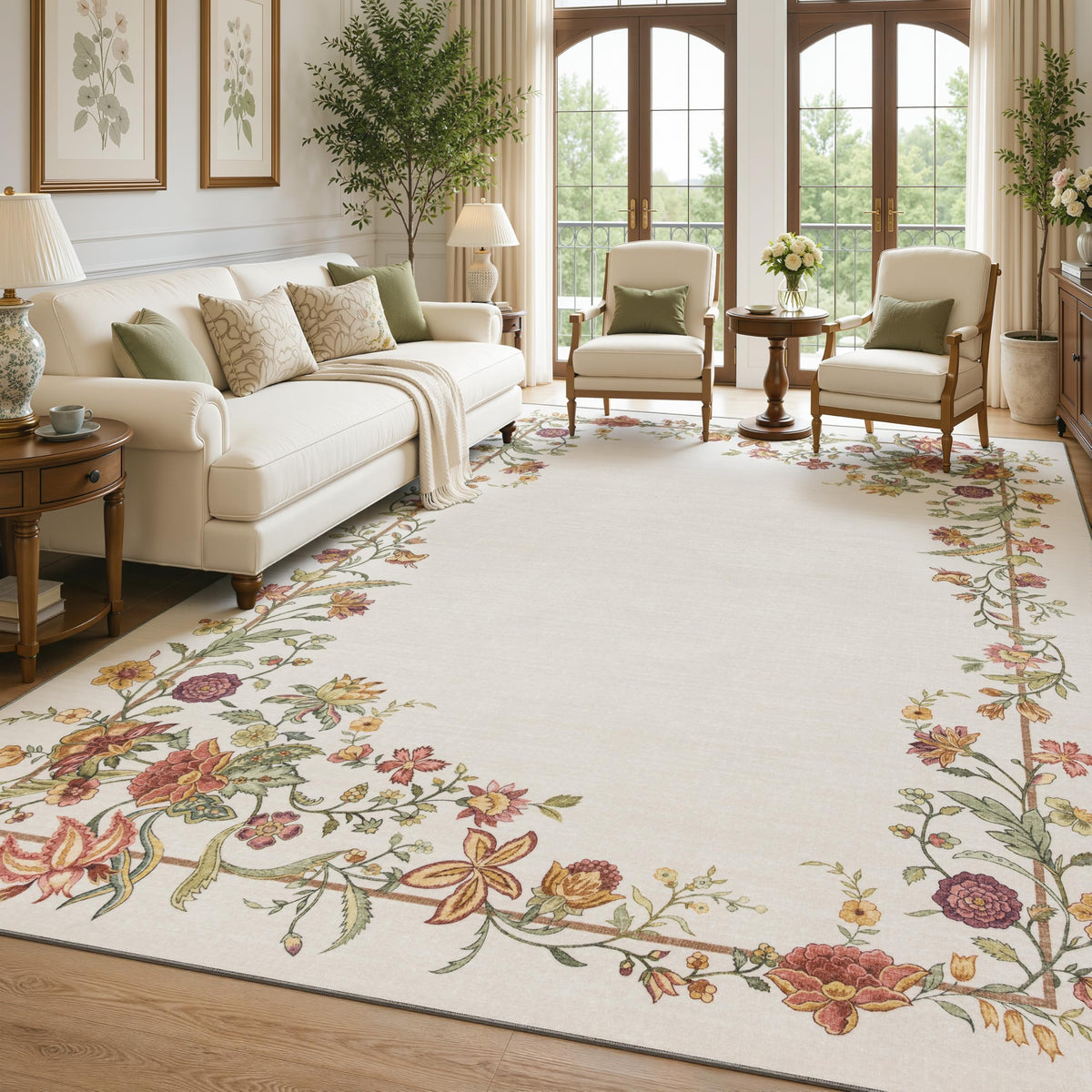 JOLLYVOGUE 4x6 Area Rug, Washable Rug Floral Border, Off-White