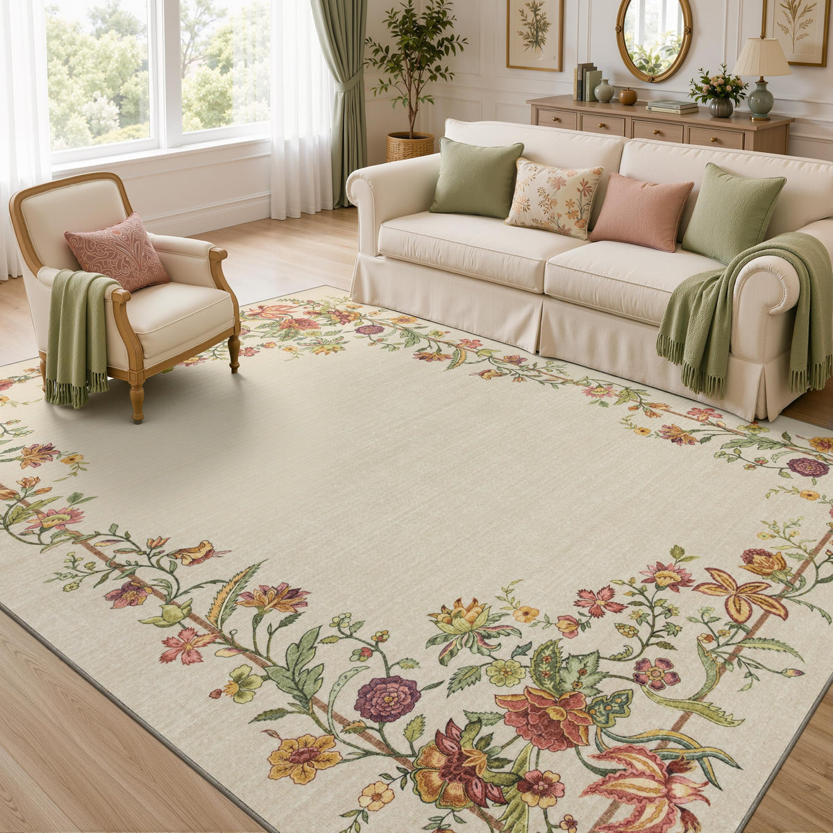 JOLLYVOGUE 4x6 Area Rug, Washable Rug Floral Border, Off-White