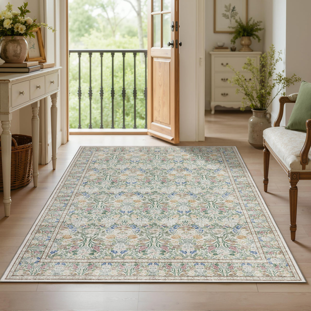 JOLLYVOGUE 6x9 Area Rug, Floral Washable Rug for Living Room, Beige/Blue